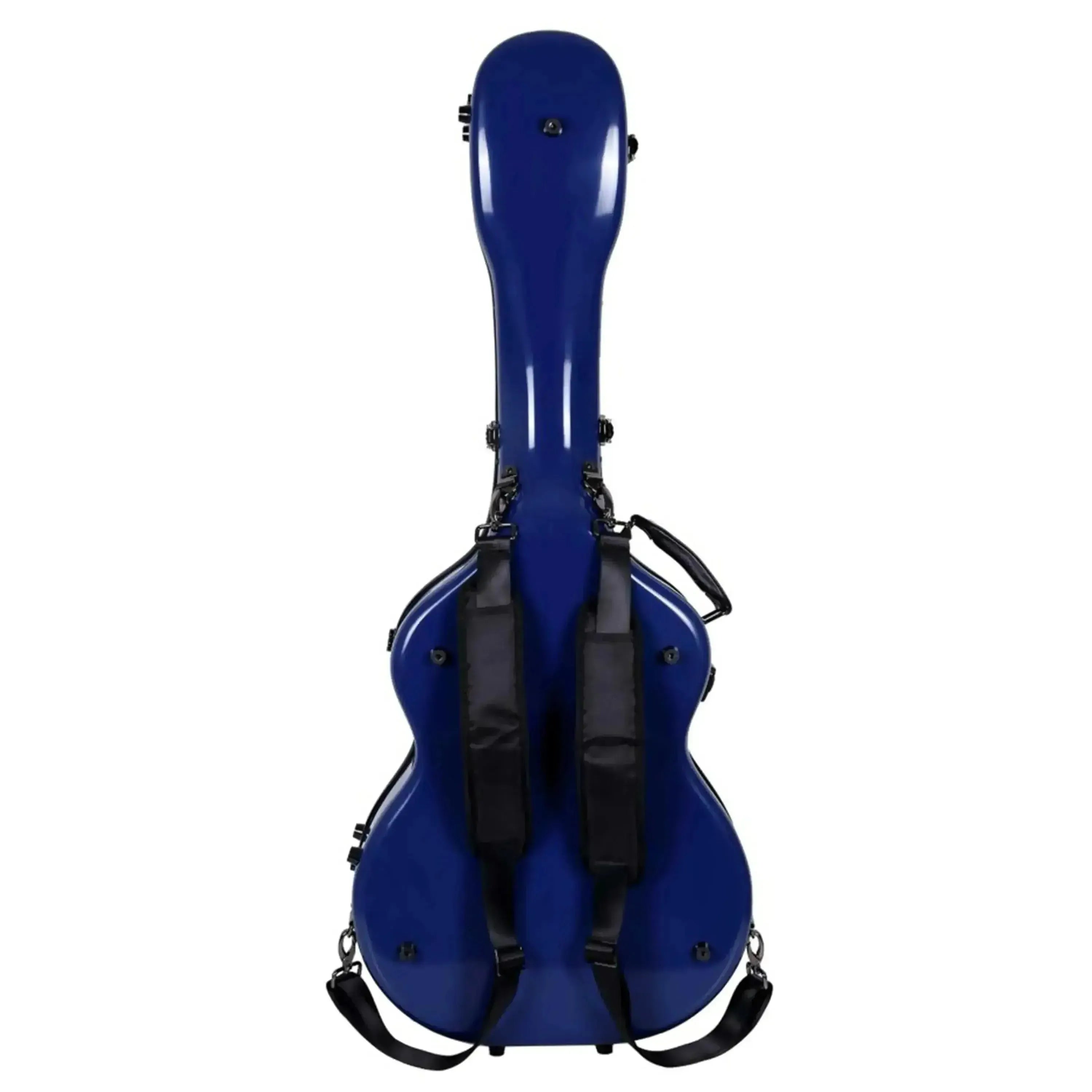 Crossrock navy blue fiberglass acoustic guitar case for Martin OM/000 models, with backpack straps.