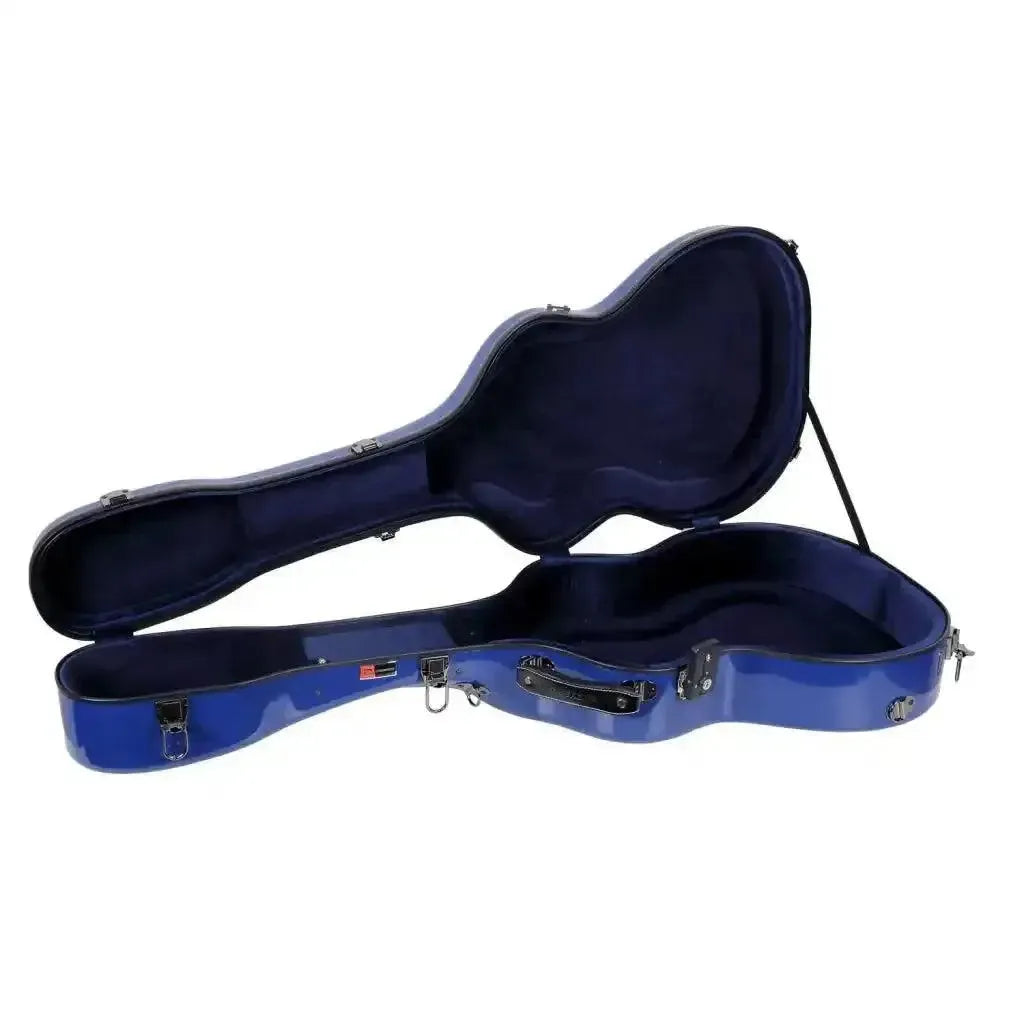 Crossrock navy blue fiberglass acoustic guitar case, open with soft blue lining.