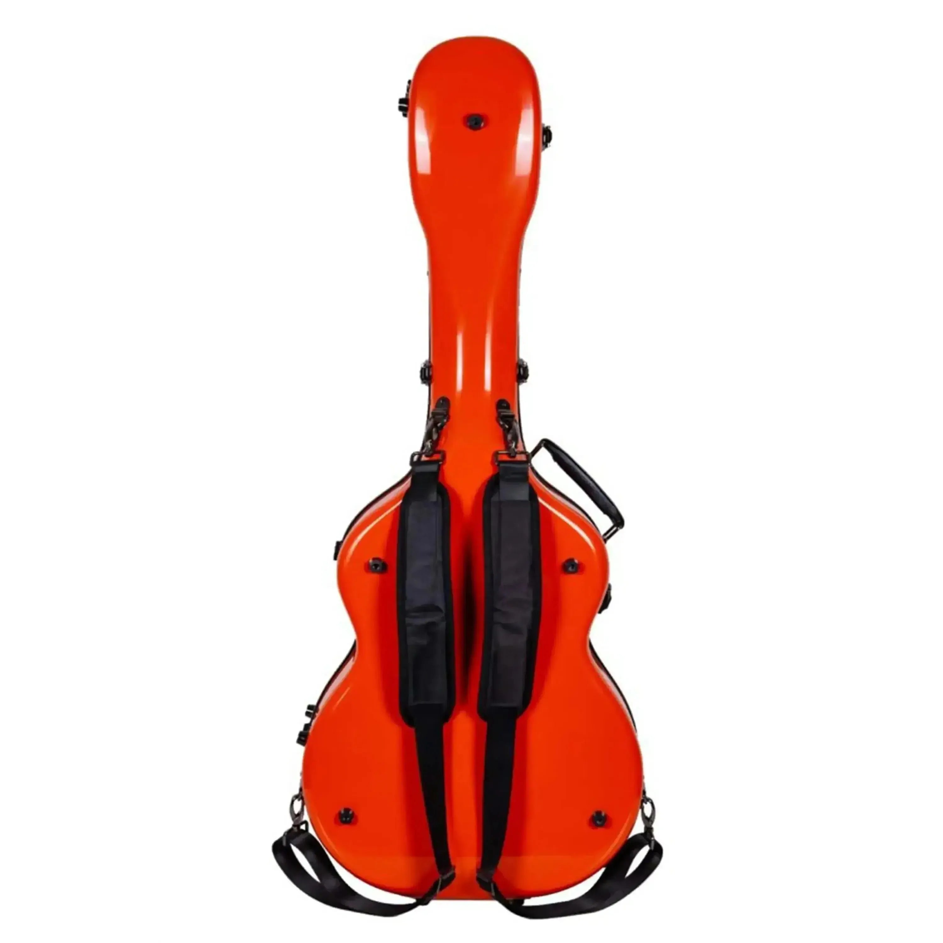 Crossrock orange fiberglass acoustic guitar case for Martin OM/000, with black backpack straps.