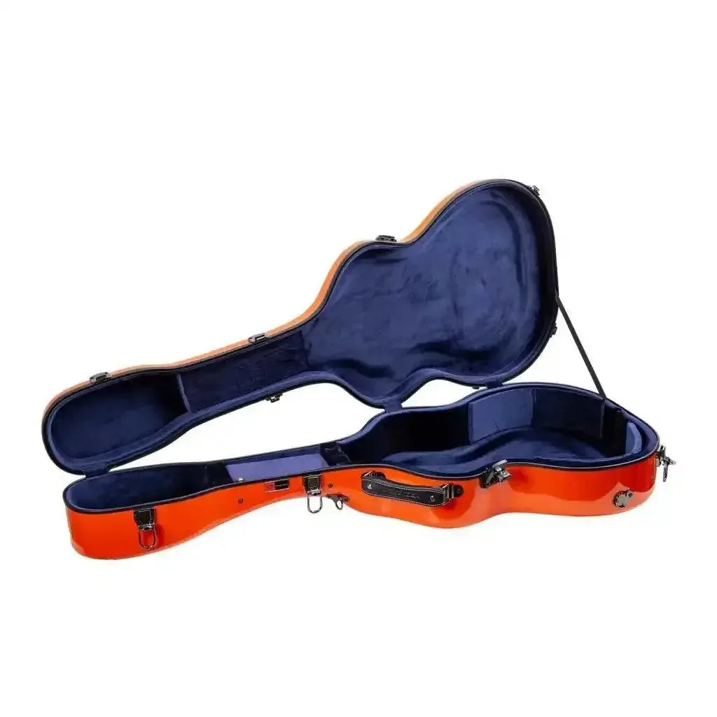 Crossrock orange fiberglass acoustic guitar case for Martin OM/000, open with blue velvet interior.