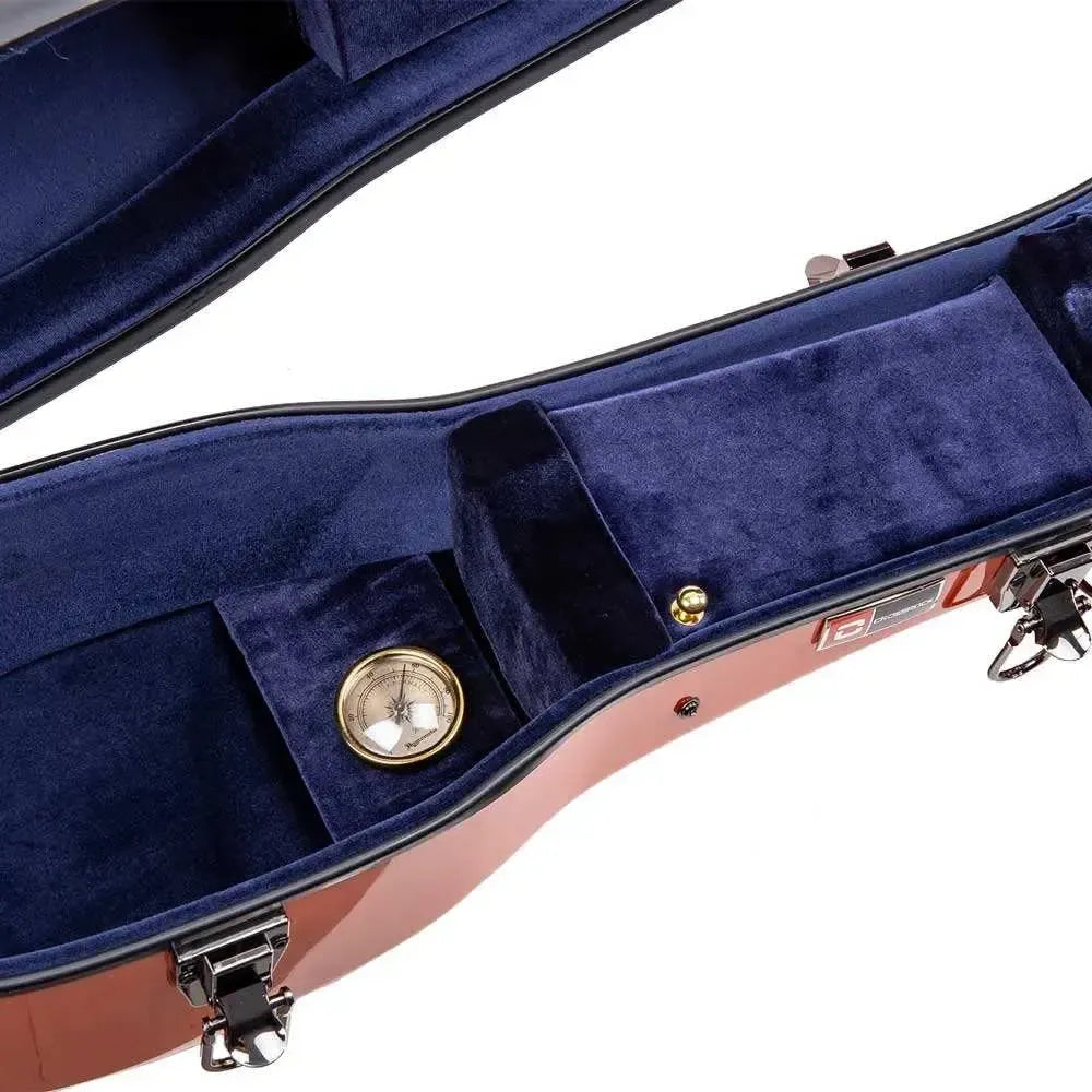 Open orange Crossrock fiberglass acoustic guitar case with blue velvet lining and a compass.