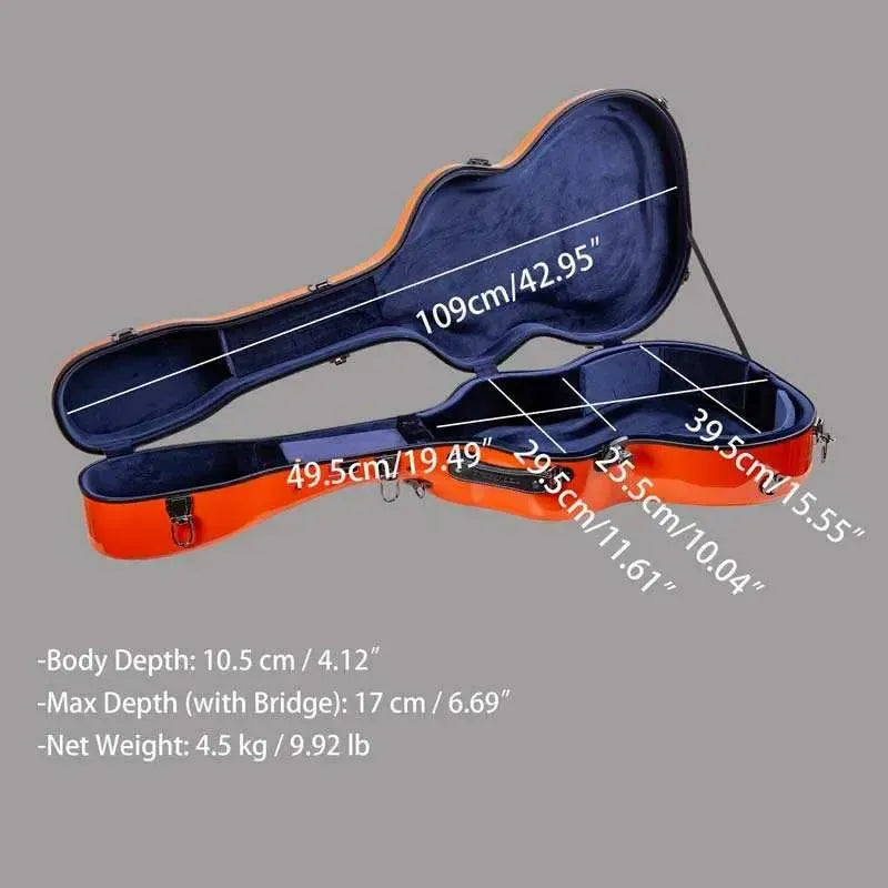 Open orange Crossrock fiberglass acoustic guitar case with blue lining and dimensions.