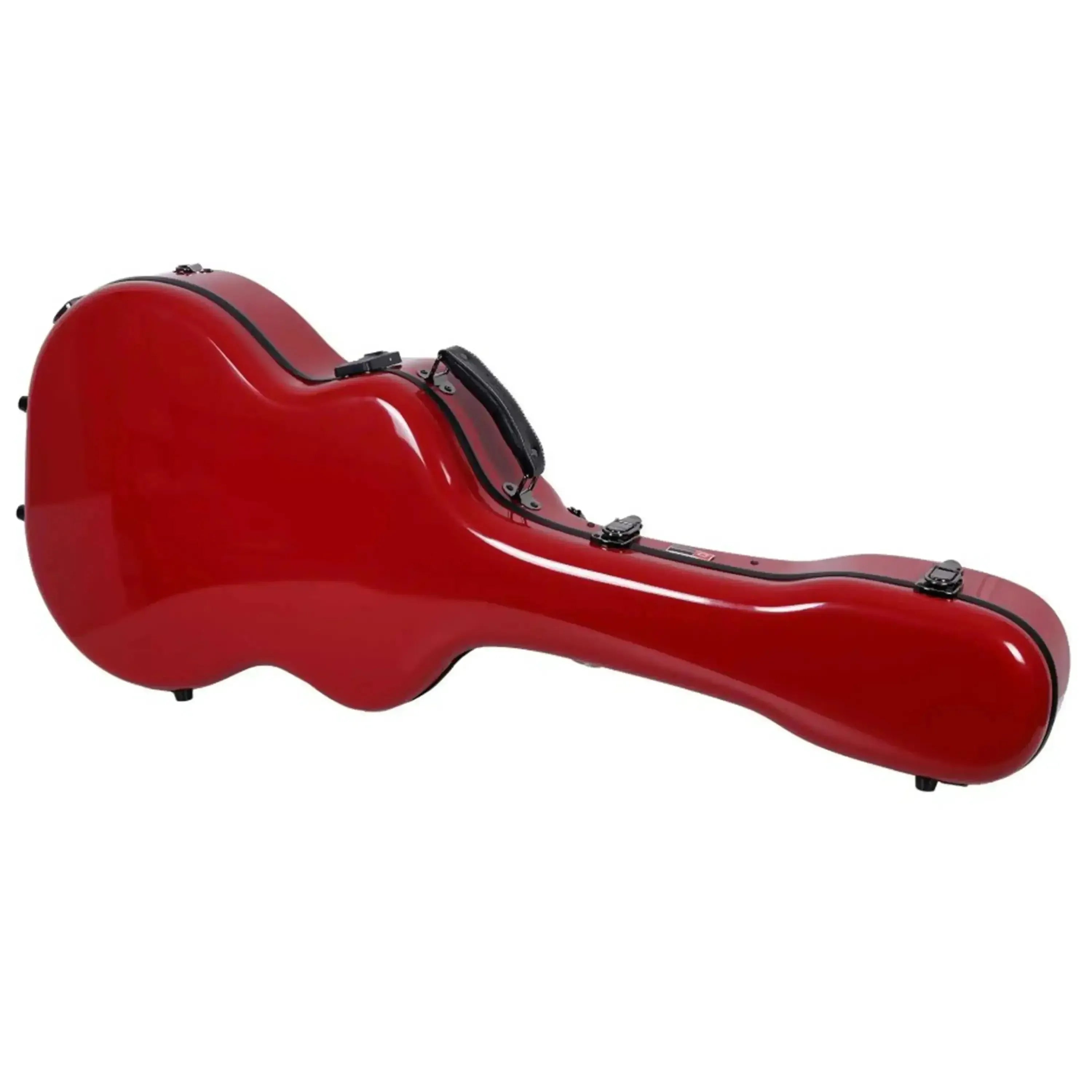 Crossrock red fiberglass acoustic guitar case for Martin OM/000 models, with black trim and latches.