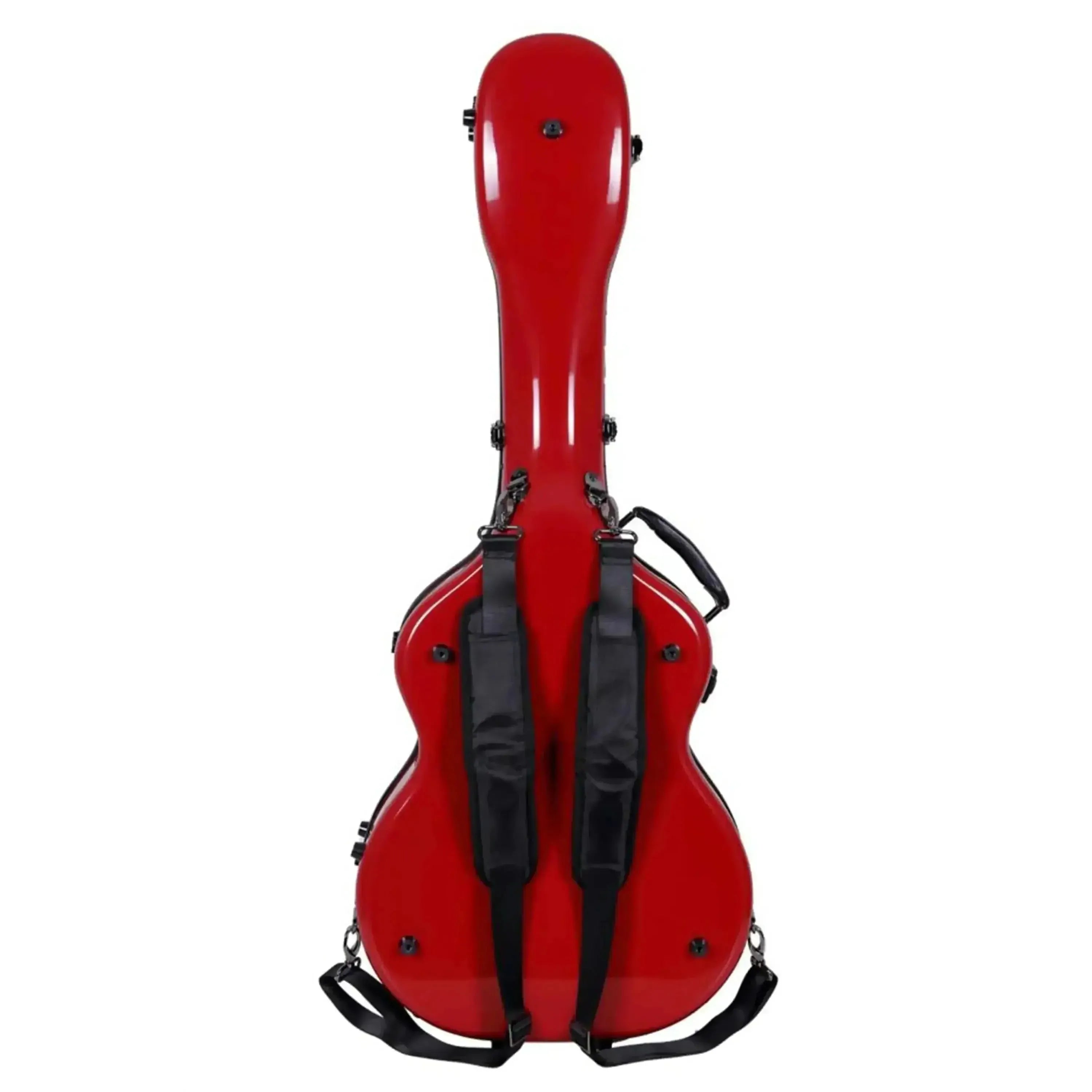 Red Crossrock fiberglass acoustic guitar case for Martin OM/000 with black backpack straps.