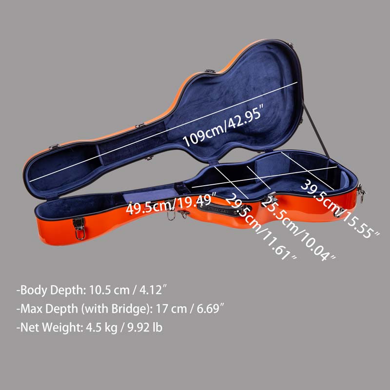 Interior measurement diagram for the Crossrock CRF2021OM fiberglass OM/000 guitar case.