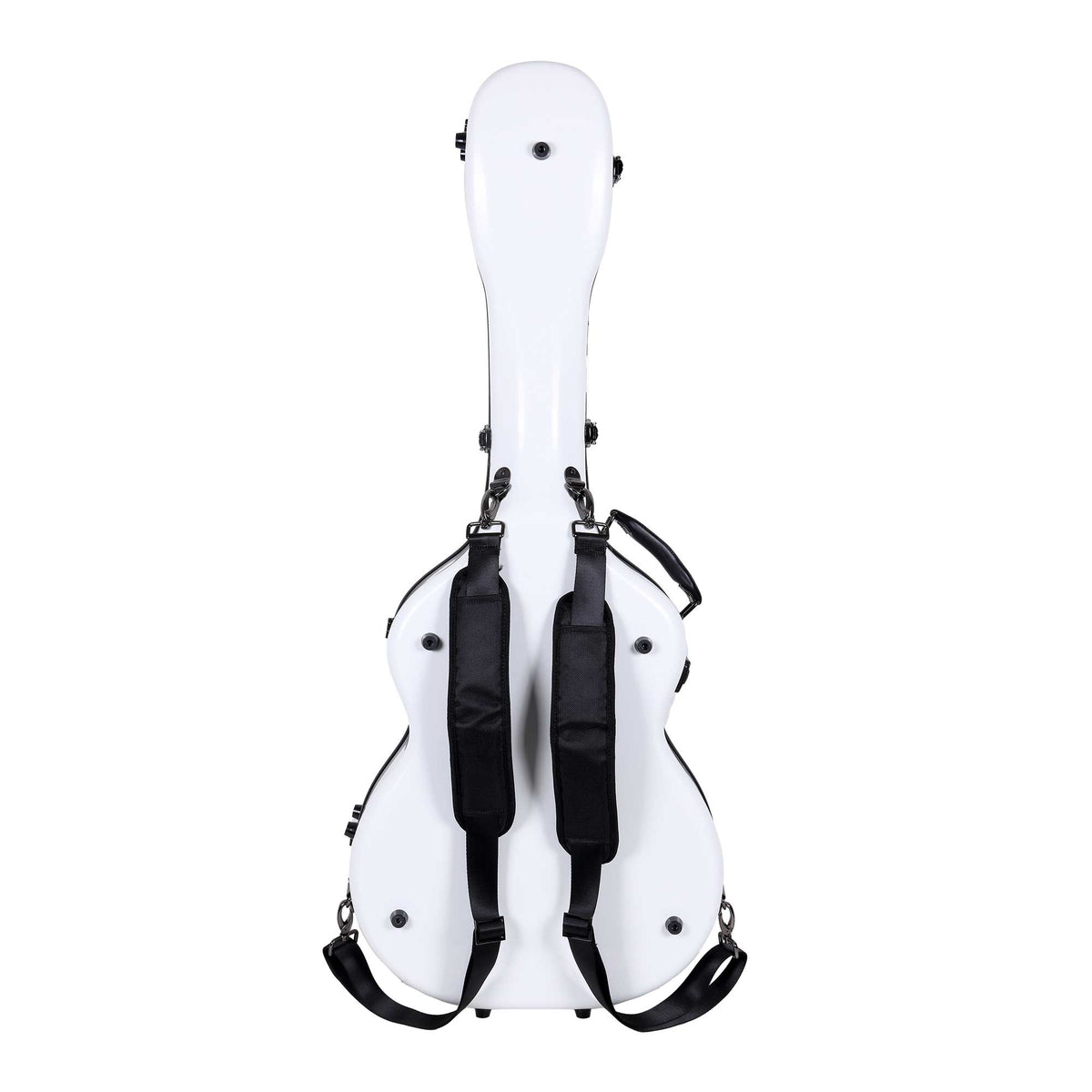 Back of the Crossrock CRF2021OMWT white fiberglass guitar case showing the padded backpack straps.