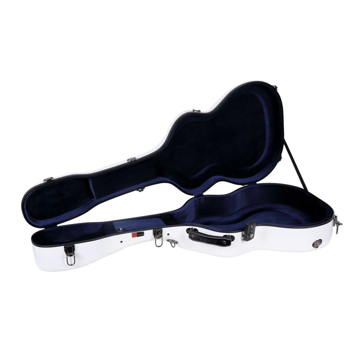 Crossrock CRF2021OMWT white fiberglass guitar case open, showing the navy-blue plush interior.