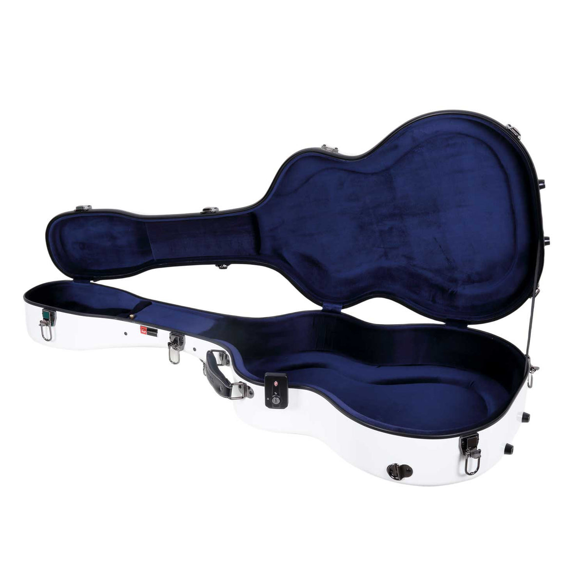 Crossrock CRF2021OMWT white guitar case open at an angle, showing the suspension padding and accessory compartment.