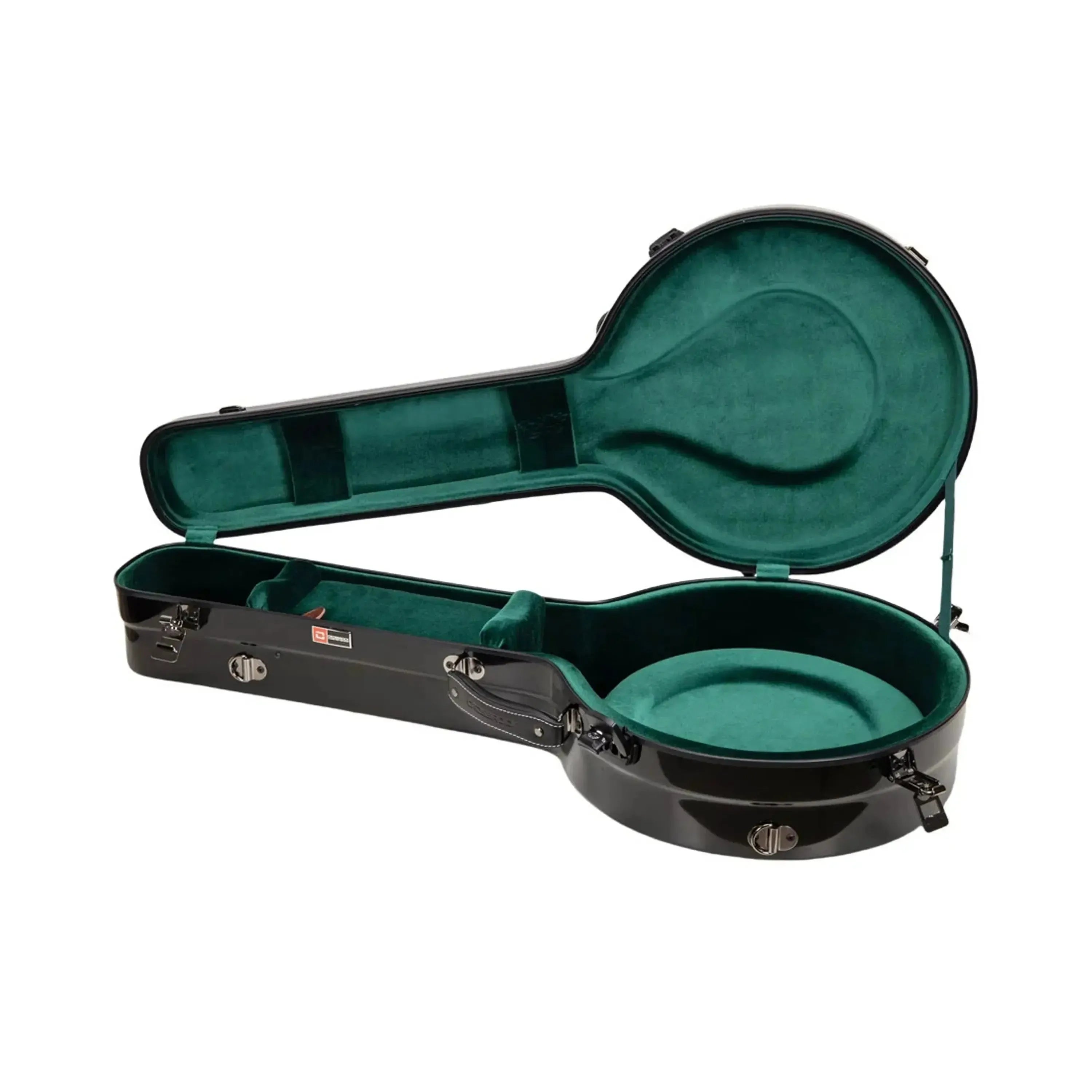 Crossrock black fiberglass resonator tenor banjo case with green plush interior.