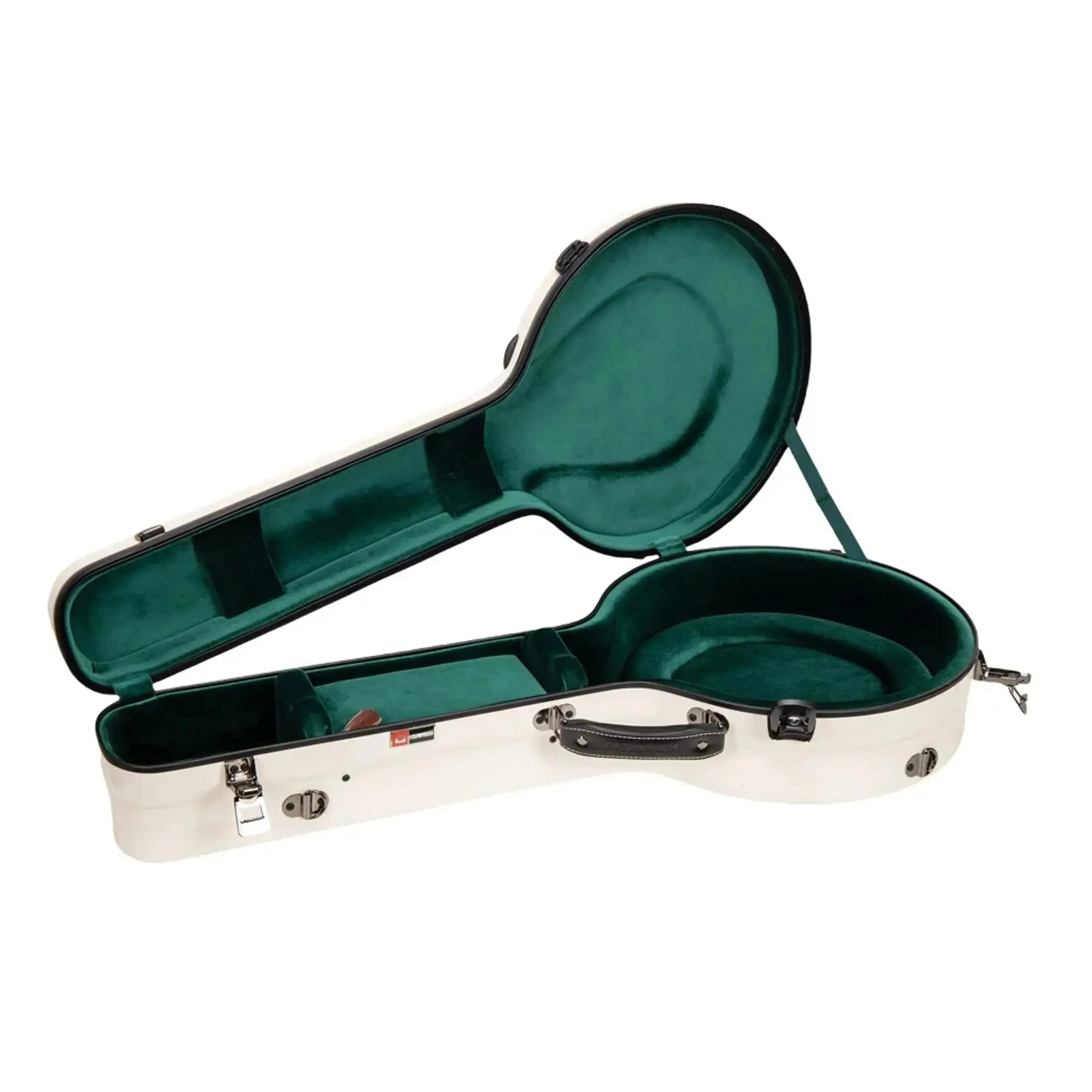 Crossrock milk-white fiberglass resonator tenor banjo case with open lid revealing green plush interior.