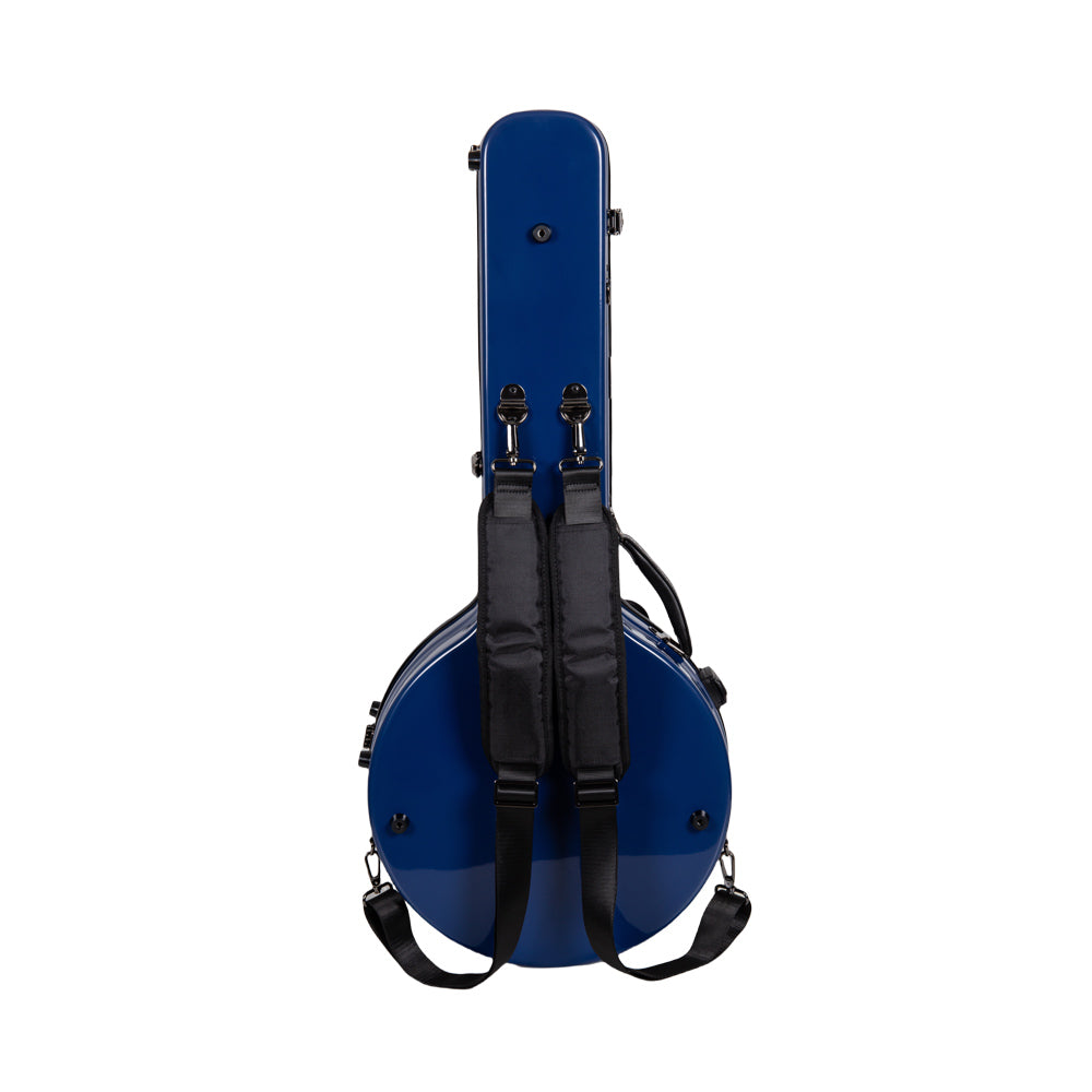 Back of the Crossrock CRF2023TBJNVBL navy blue banjo case showing the black backpack straps.