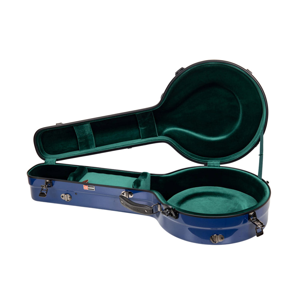 Crossrock CRF2023TBJNVBL navy blue tenor banjo case open from the side, with green lining and neck compartment.