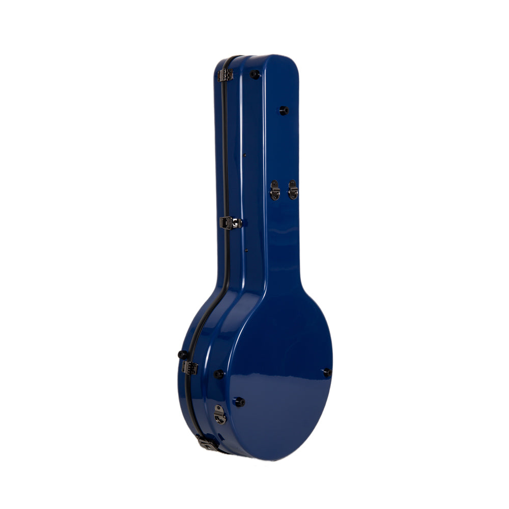 Side view of the Crossrock CRF2023TBJNVBL navy blue fiberglass tenor banjo case standing upright.