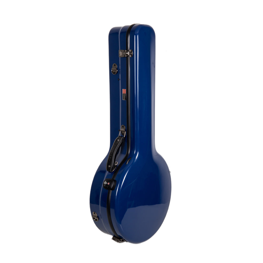 Crossrock CRF2023TBJNVBL navy blue fiberglass resonator tenor banjo case standing upright with handle and latches.