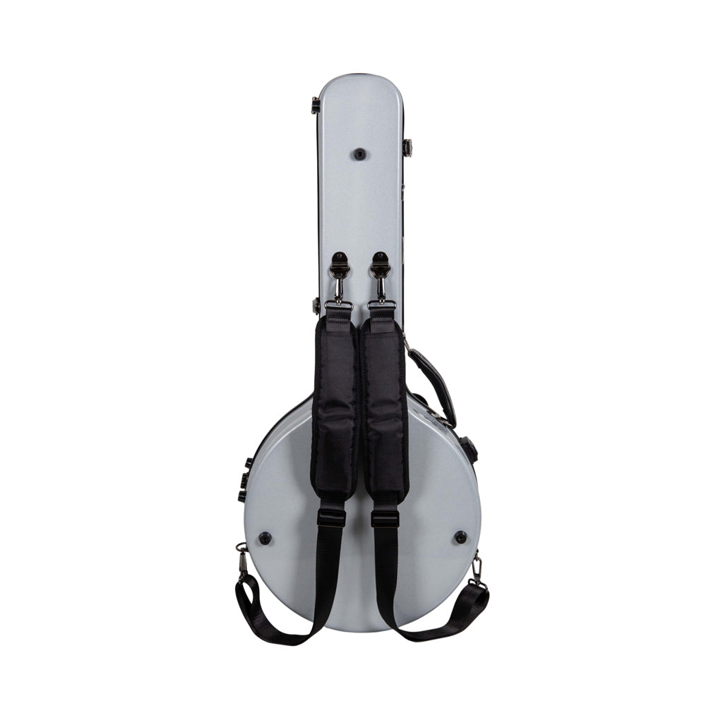 Back of the Crossrock CRF2023TBJSL silver banjo case showing the black backpack straps.