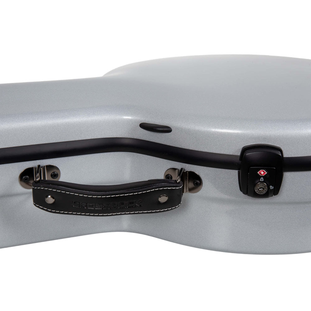 Close-up of the leather Crossrock handle and alloy TSA lock on the CRF2023TBJSL metallic silver shell.