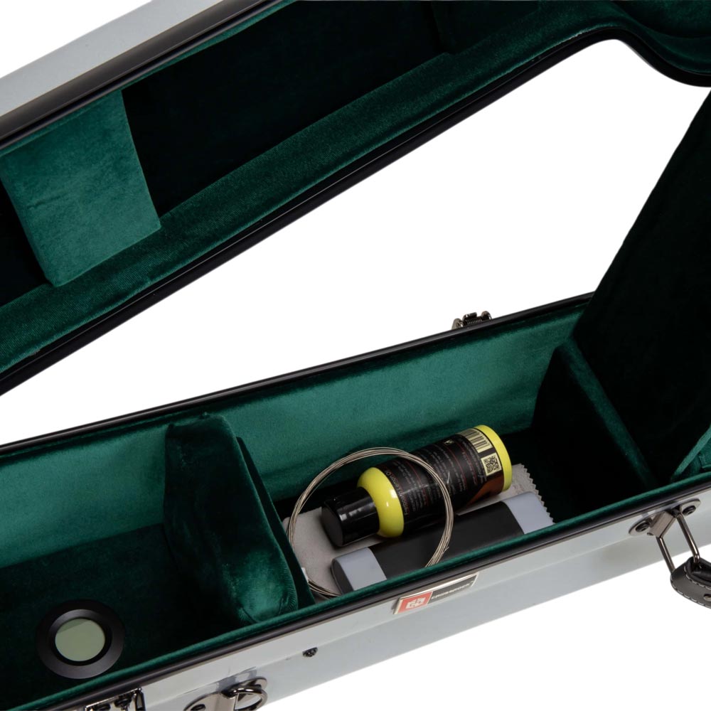 Inside the Crossrock CRF2023TBJSL silver case: green-lined neck compartment and the built-in hygrometer.