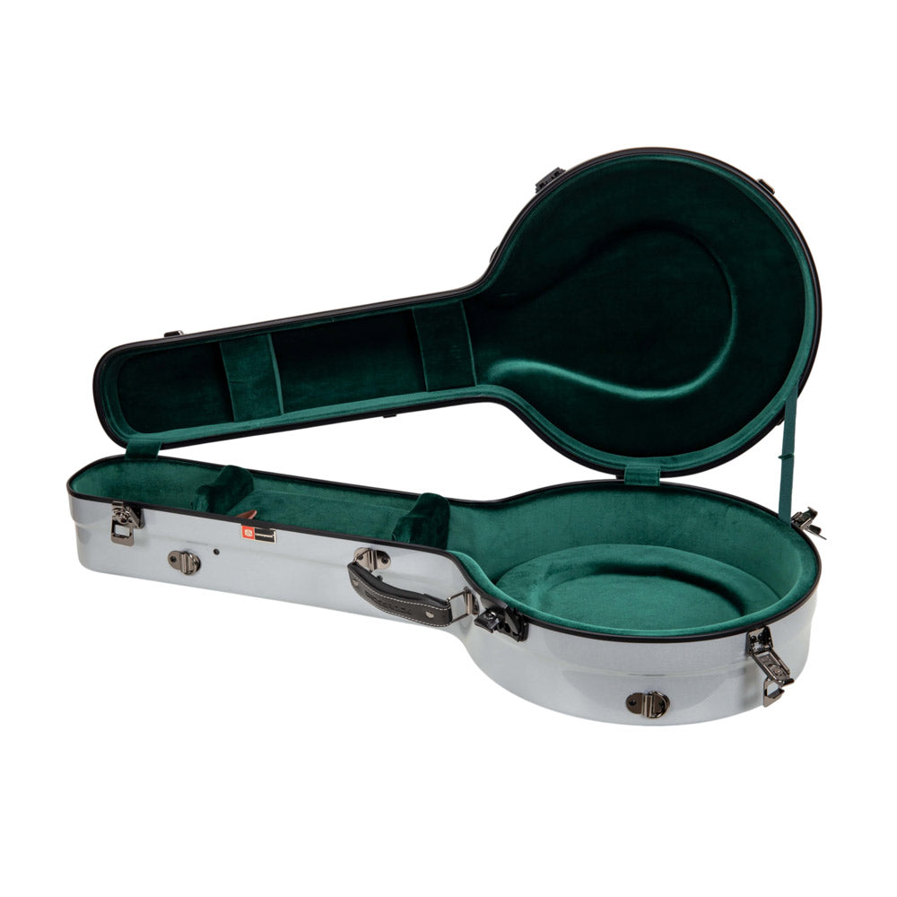 Crossrock CRF2023TBJSL silver tenor banjo case open from the front, with green lining and handle.