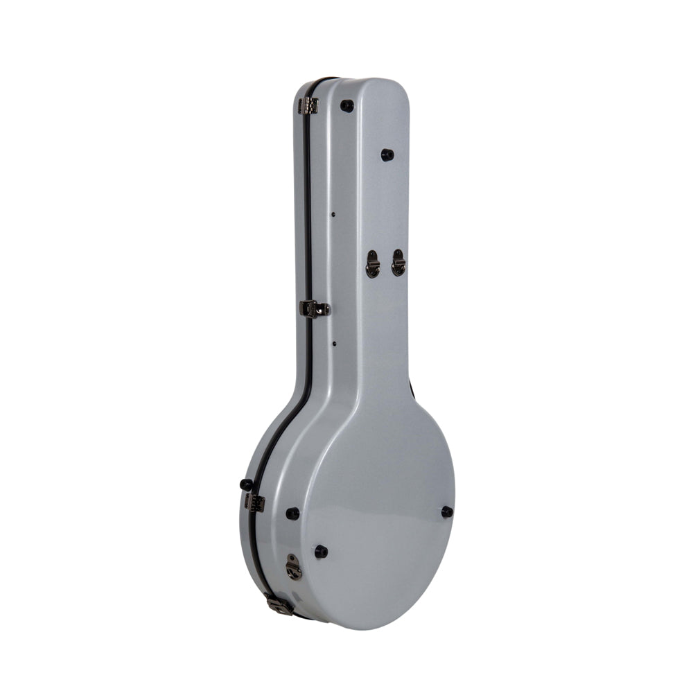 Side view of the Crossrock CRF2023TBJSL silver fiberglass tenor banjo case standing upright.