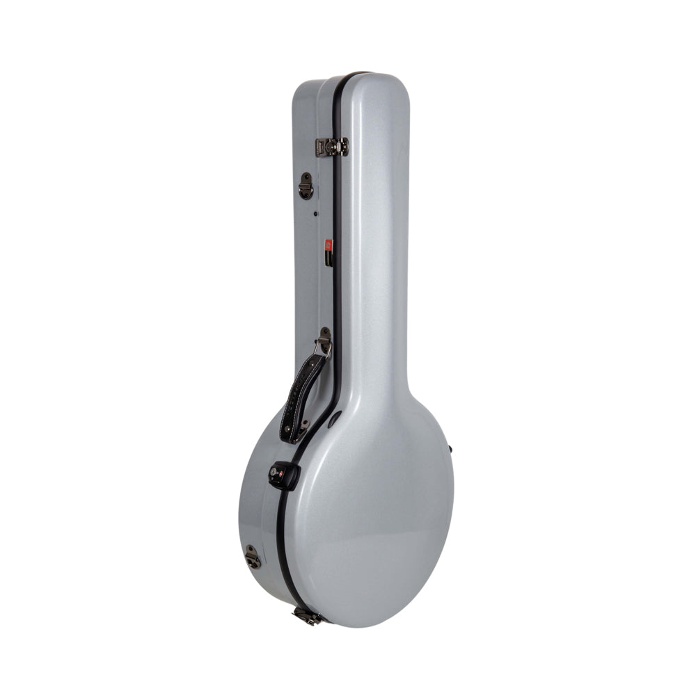Crossrock CRF2023TBJSL silver fiberglass resonator tenor banjo case standing upright with handle and latches.