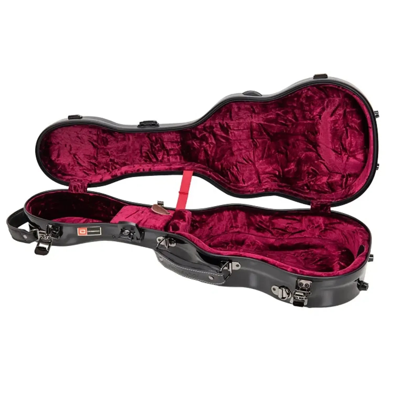Crossrock CRF2030CU black fiberglass concert ukulele case with red velvet interior.
