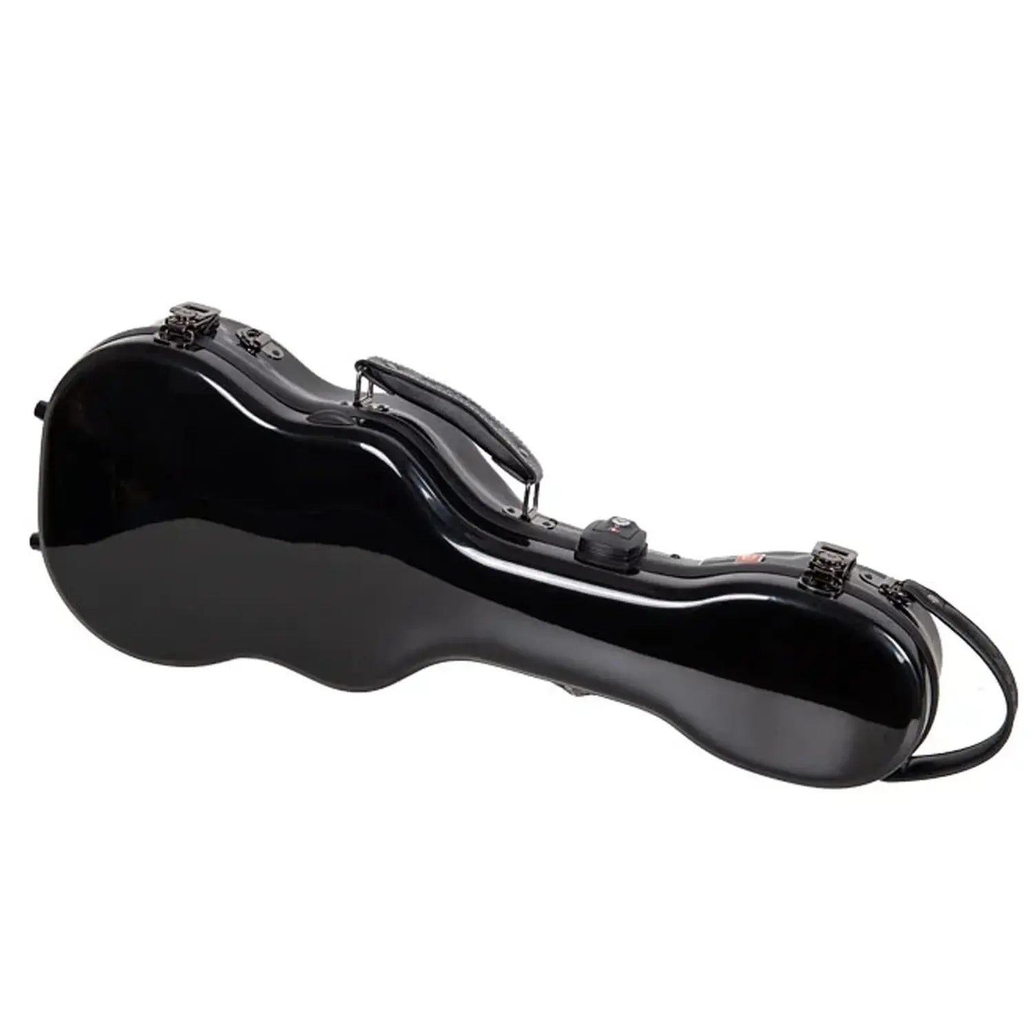 Crossrock CRF2030CU black fiberglass concert ukulele case with glossy finish, handle, and latches.