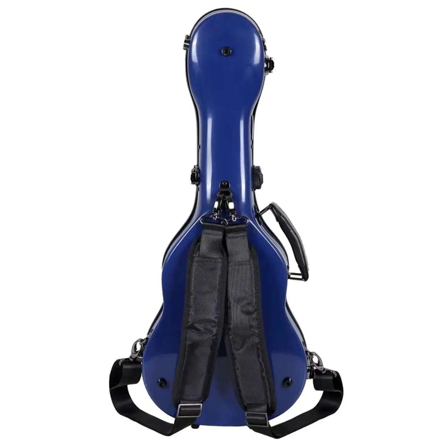 Crossrock blue glossy fiberglass tenor ukulele case with black padded backpack straps.