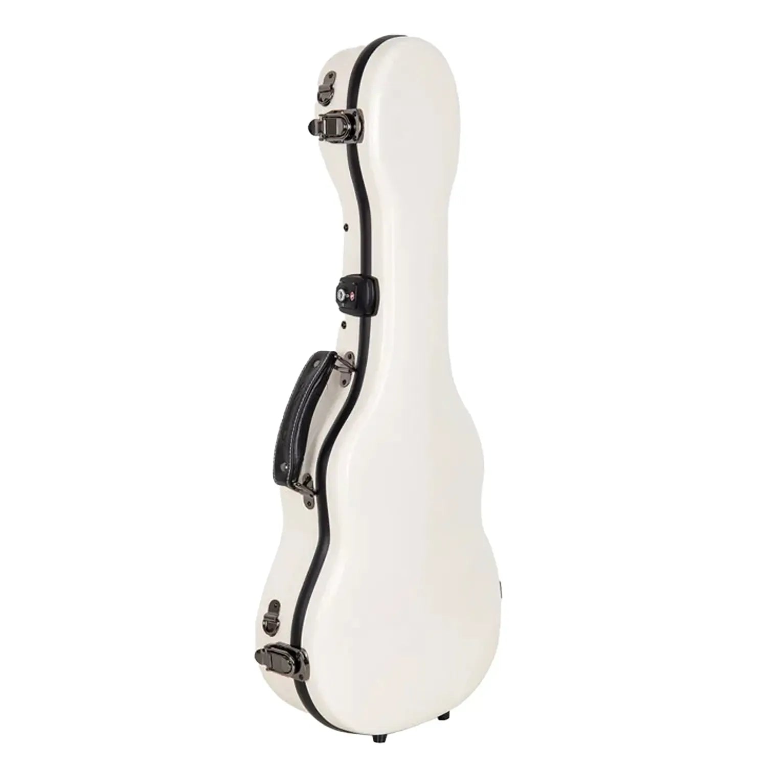 Crossrock CRF2030TU milk-white glossy fiberglass tenor ukulele case with black trim and latches.