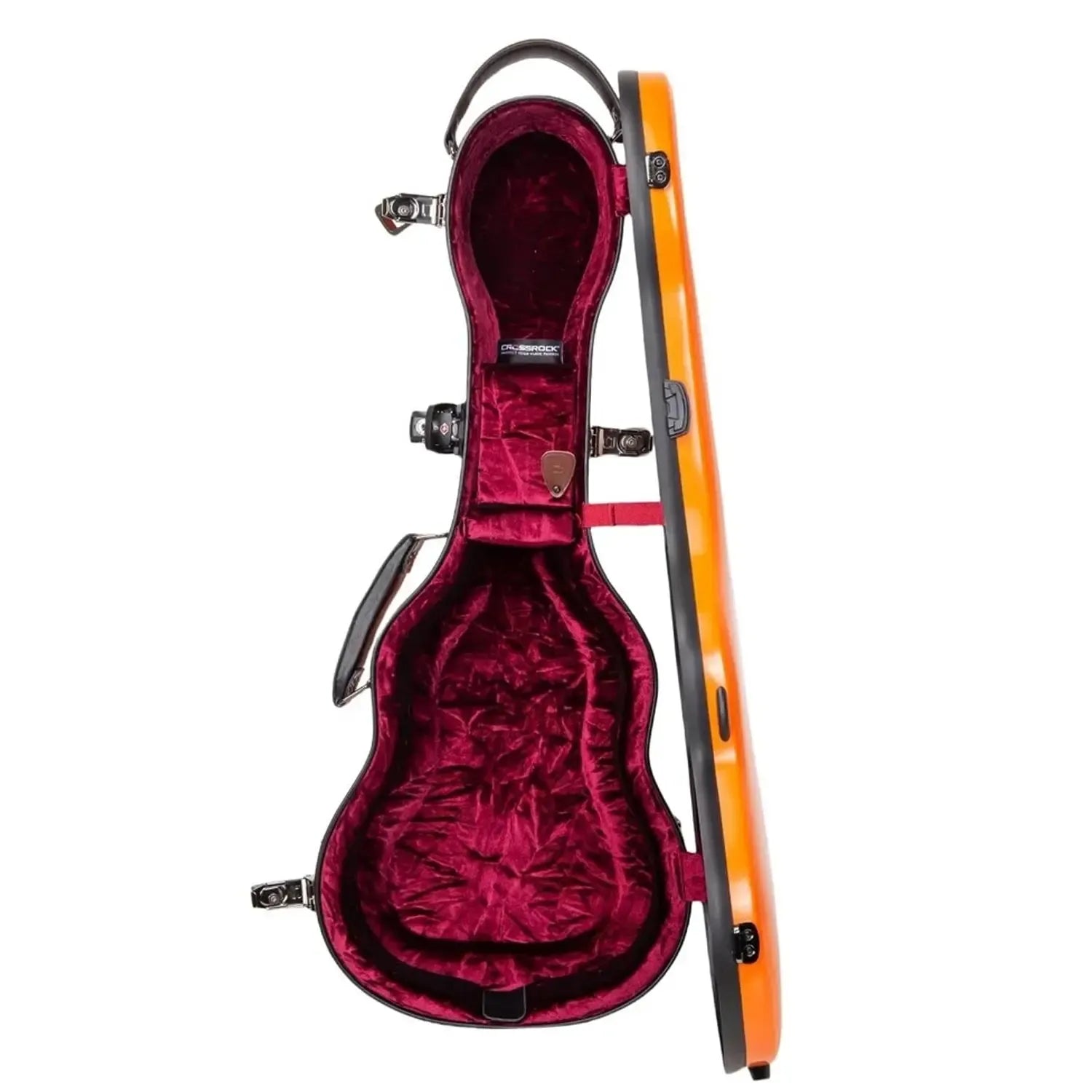 Crossrock CRF2030TU orange fiberglass tenor ukulele case, open with red velvet interior.