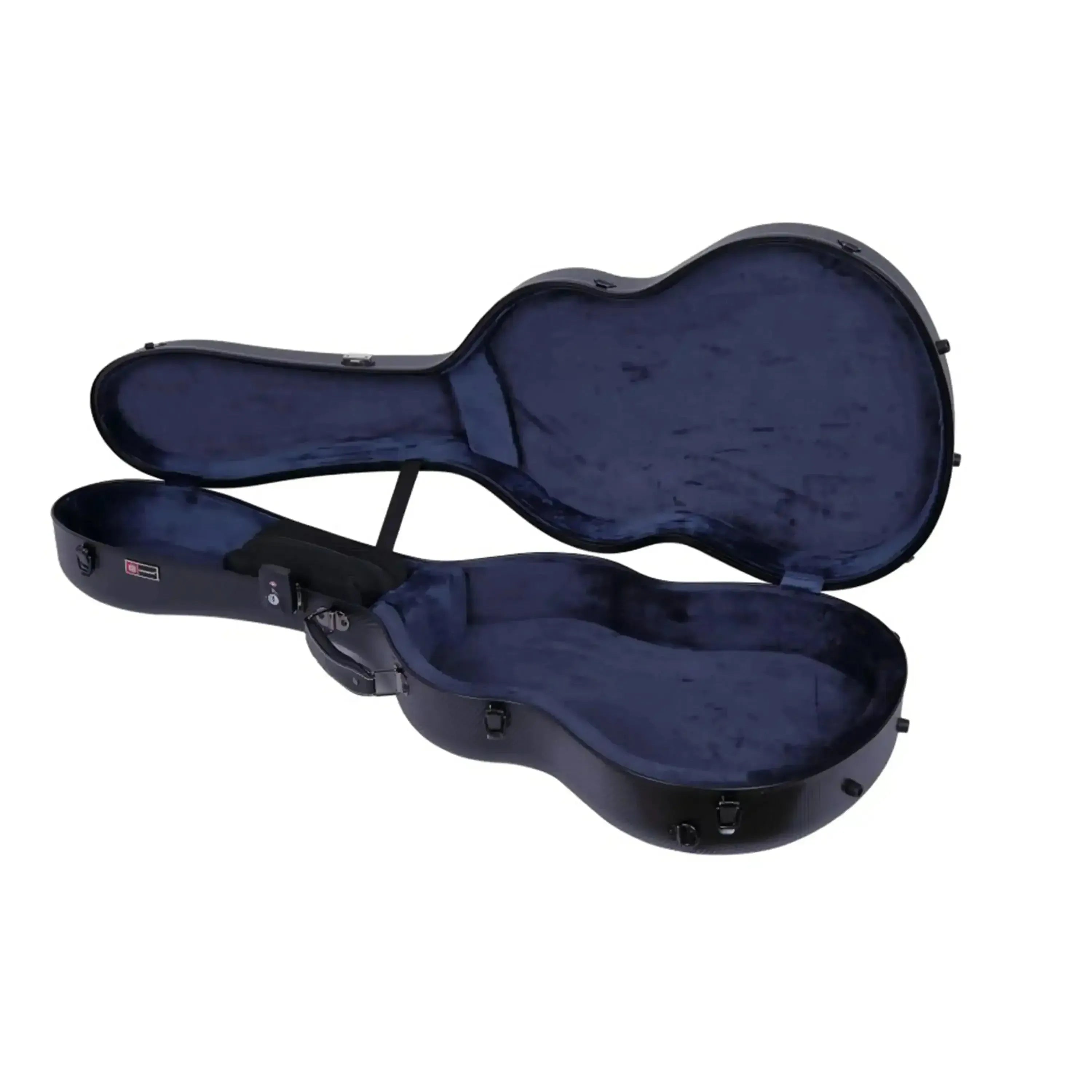 Crossrock black poly carbonate 4/4 classical guitar case with blue velvet interior, open.