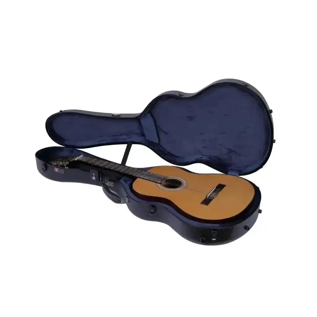 Crossrock CRF4020CBK black polycarbonate 4/4 classical guitar case with a classical guitar inside.