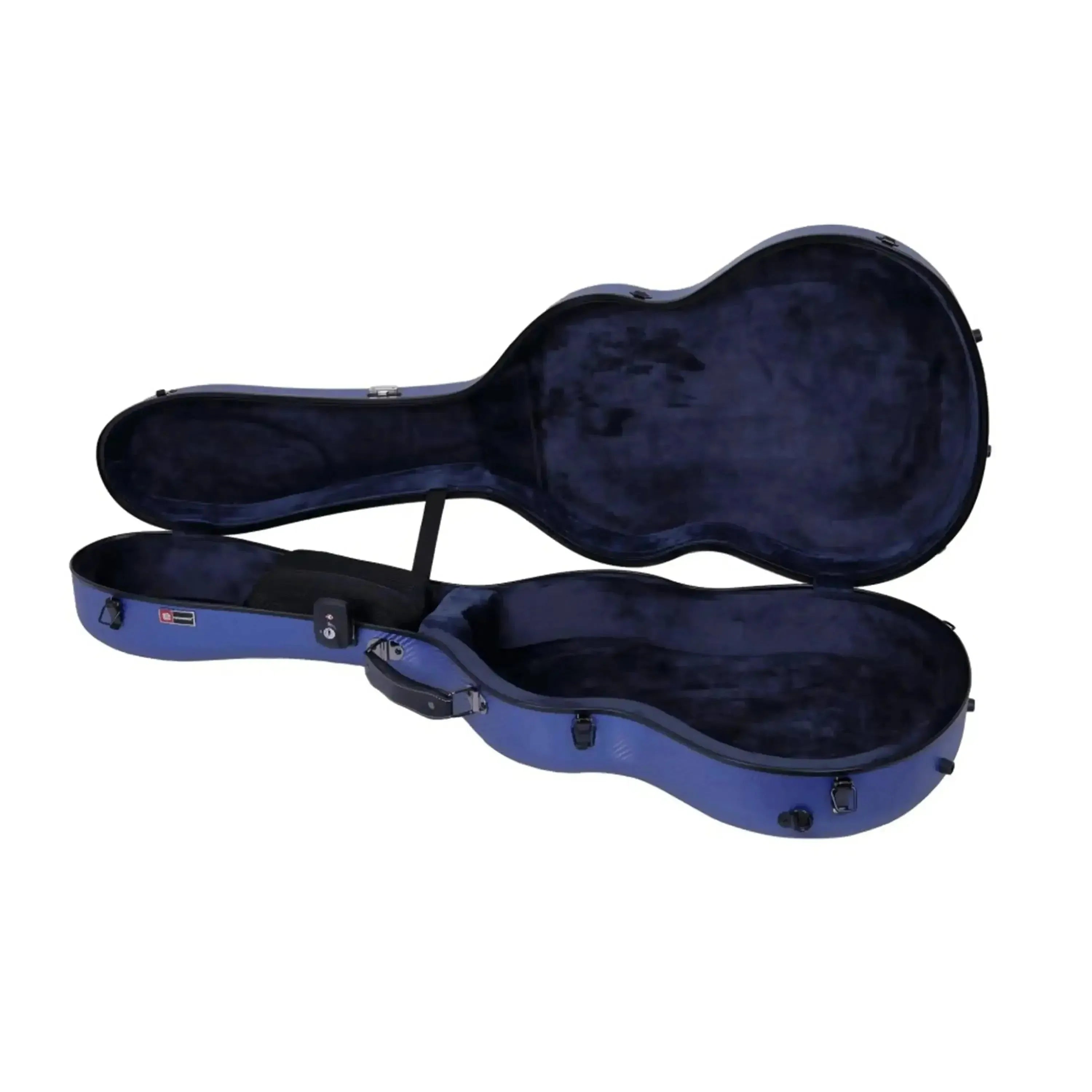 Crossrock CRF4020CBL blue polycarbonate 4/4 classical guitar case, open with dark velvet interior.