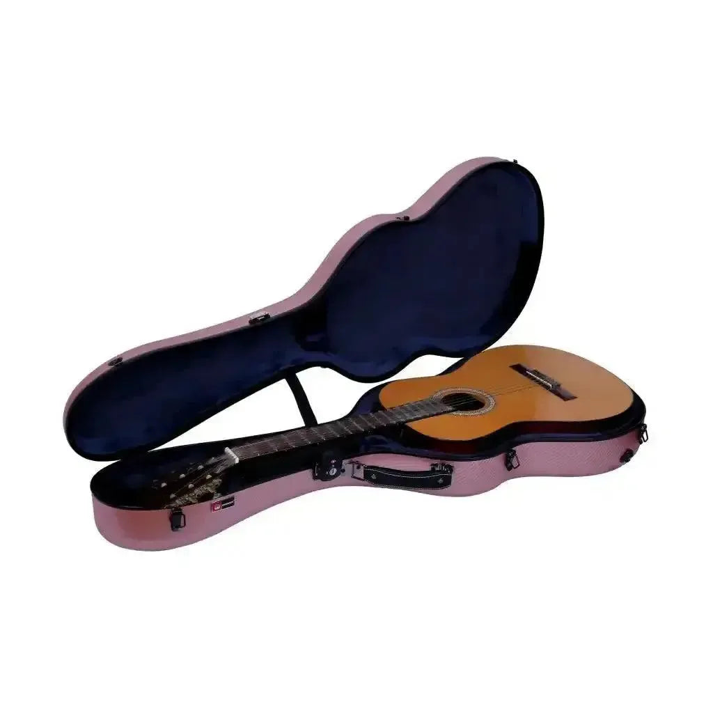 Crossrock CRF4020CRG 4/4 classical guitar in a rose gold polycarbonate flight case with blue velvet lining.