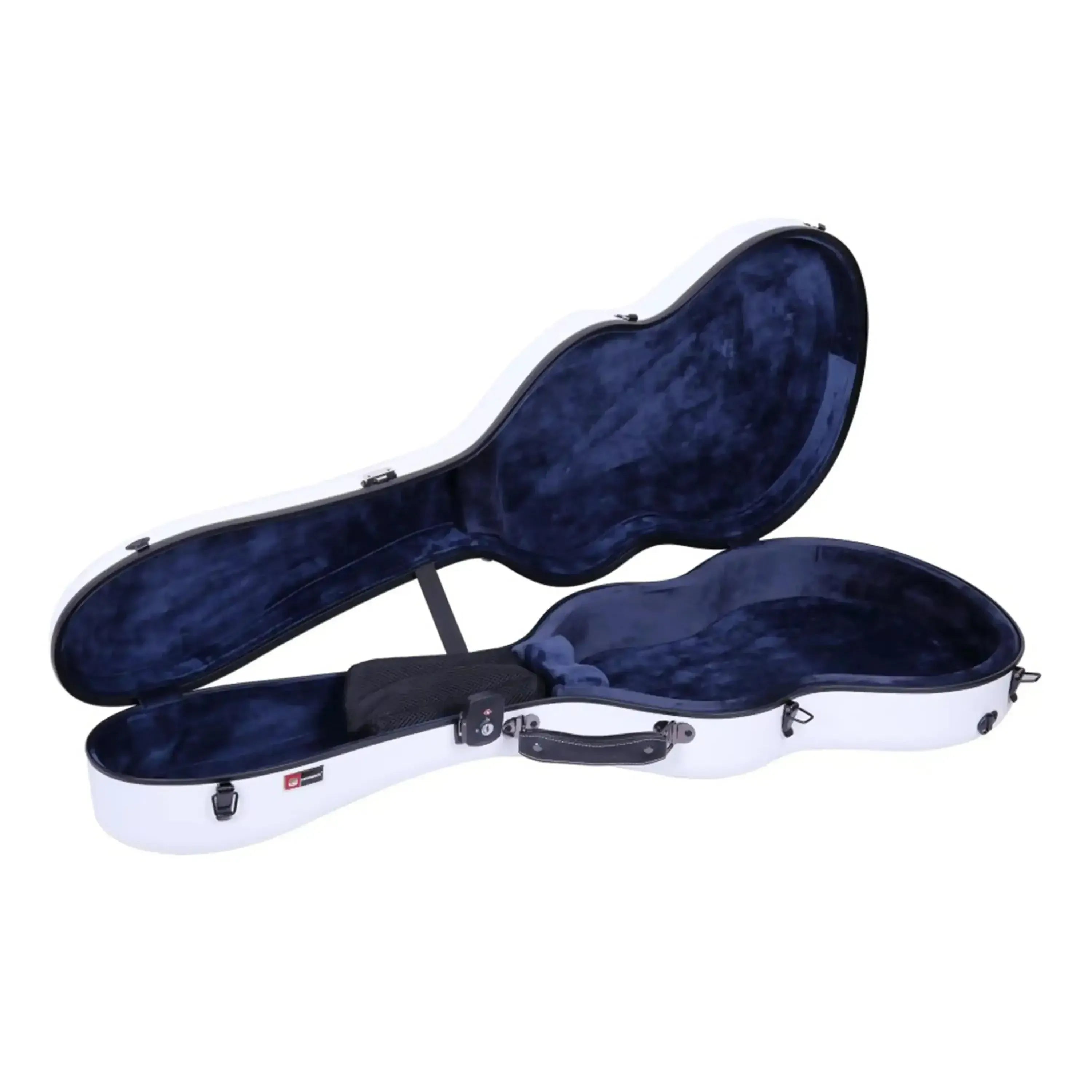Crossrock CRF4020CWT white polycarbonate 4/4 classical guitar case, open with blue velvet interior.