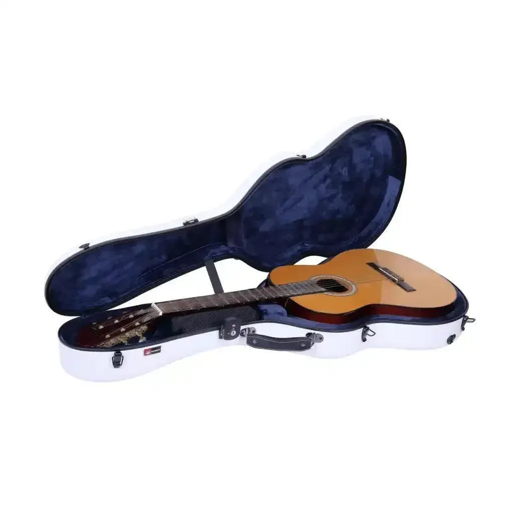 Crossrock CRF4020CWT white poly carbonate 4/4 classical guitar case with blue velvet lining, holding a guitar.