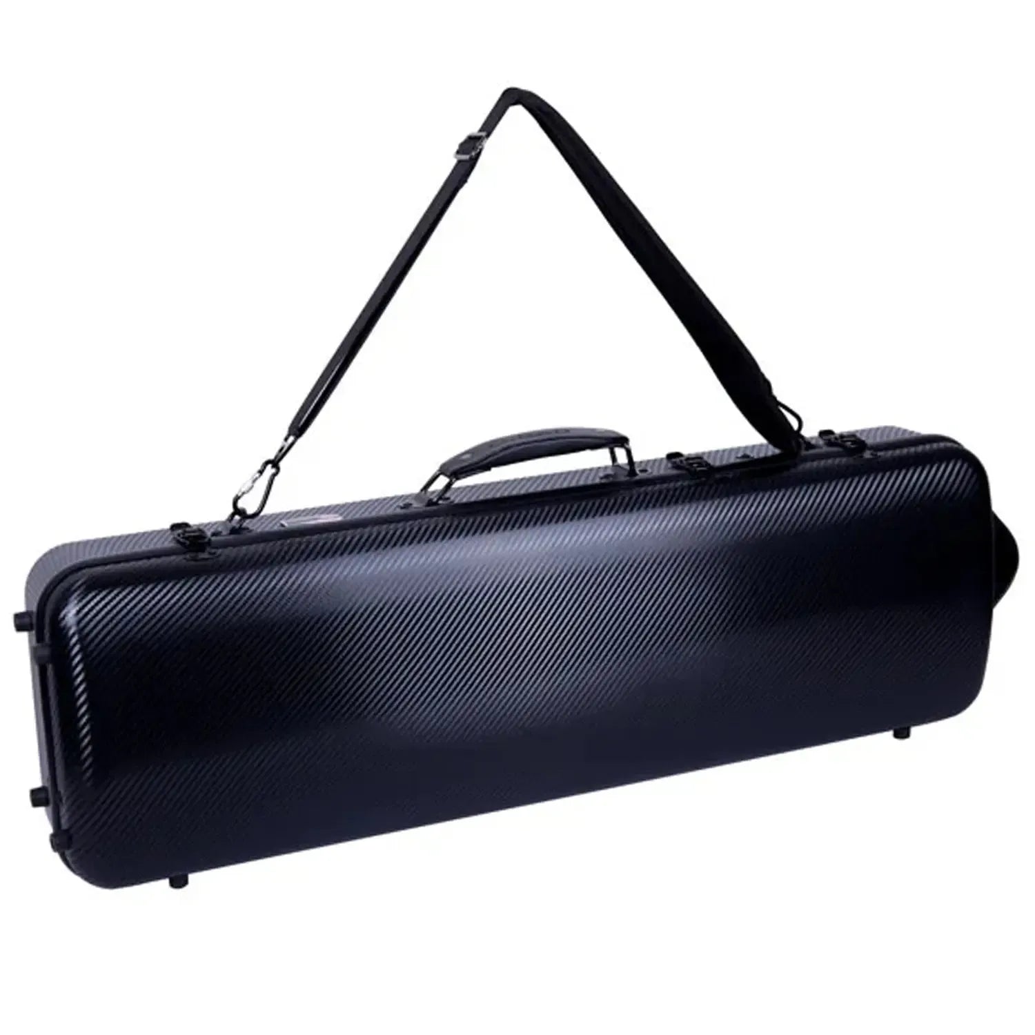 Crossrock CRF4020OV black polycarbonate oblong 4/4 violin case with carbon wave anti-scratch surface and shoulder strap.