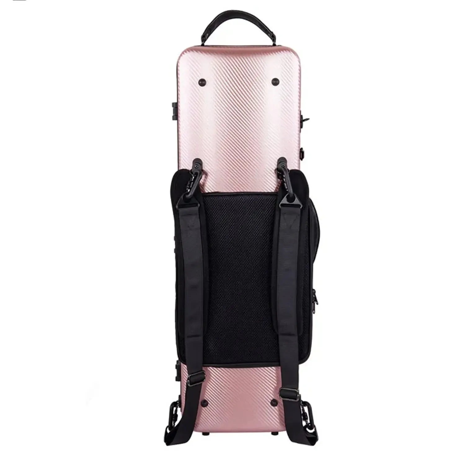 Crossrock 4/4 violin case in rose-gold polycarbonate with black backpack straps.