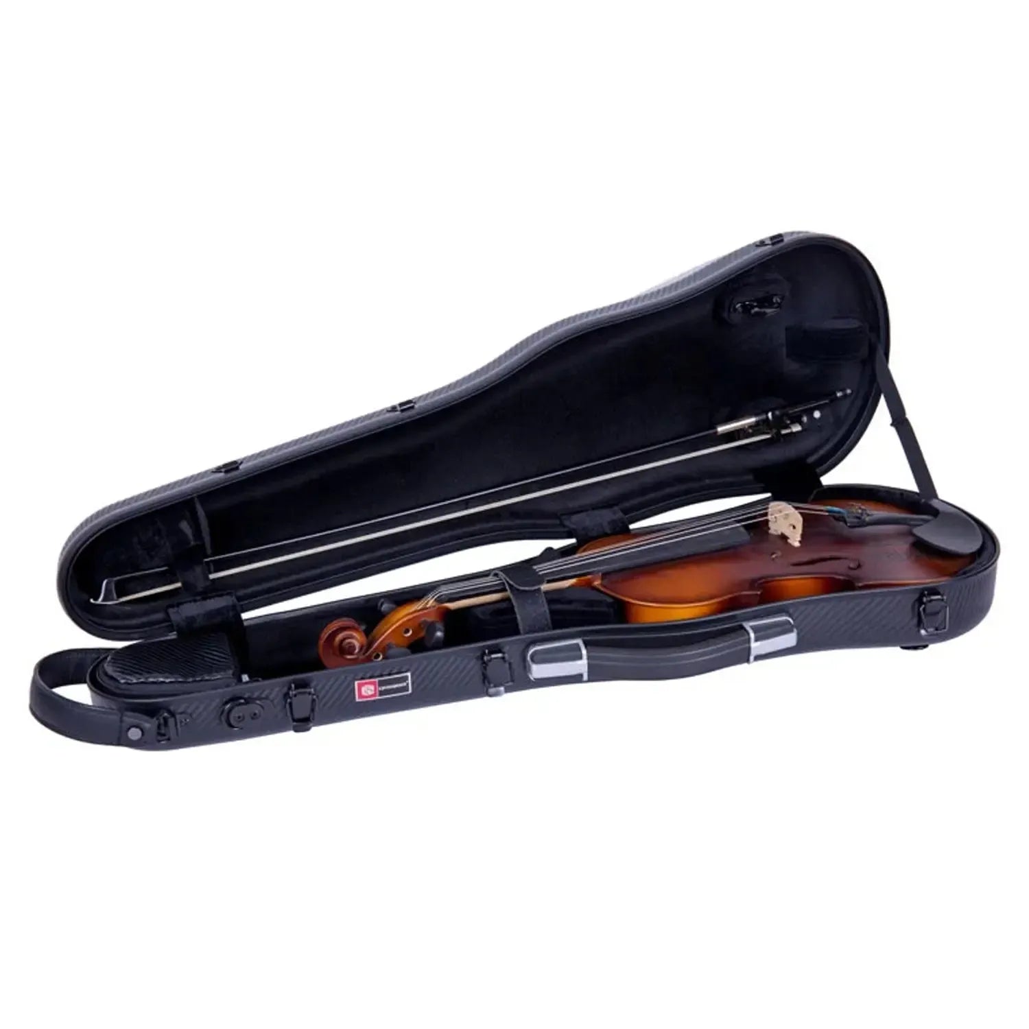 Crossrock CRF4020SV black polycarbonate 4/4 violin case, open with violin and bow inside.