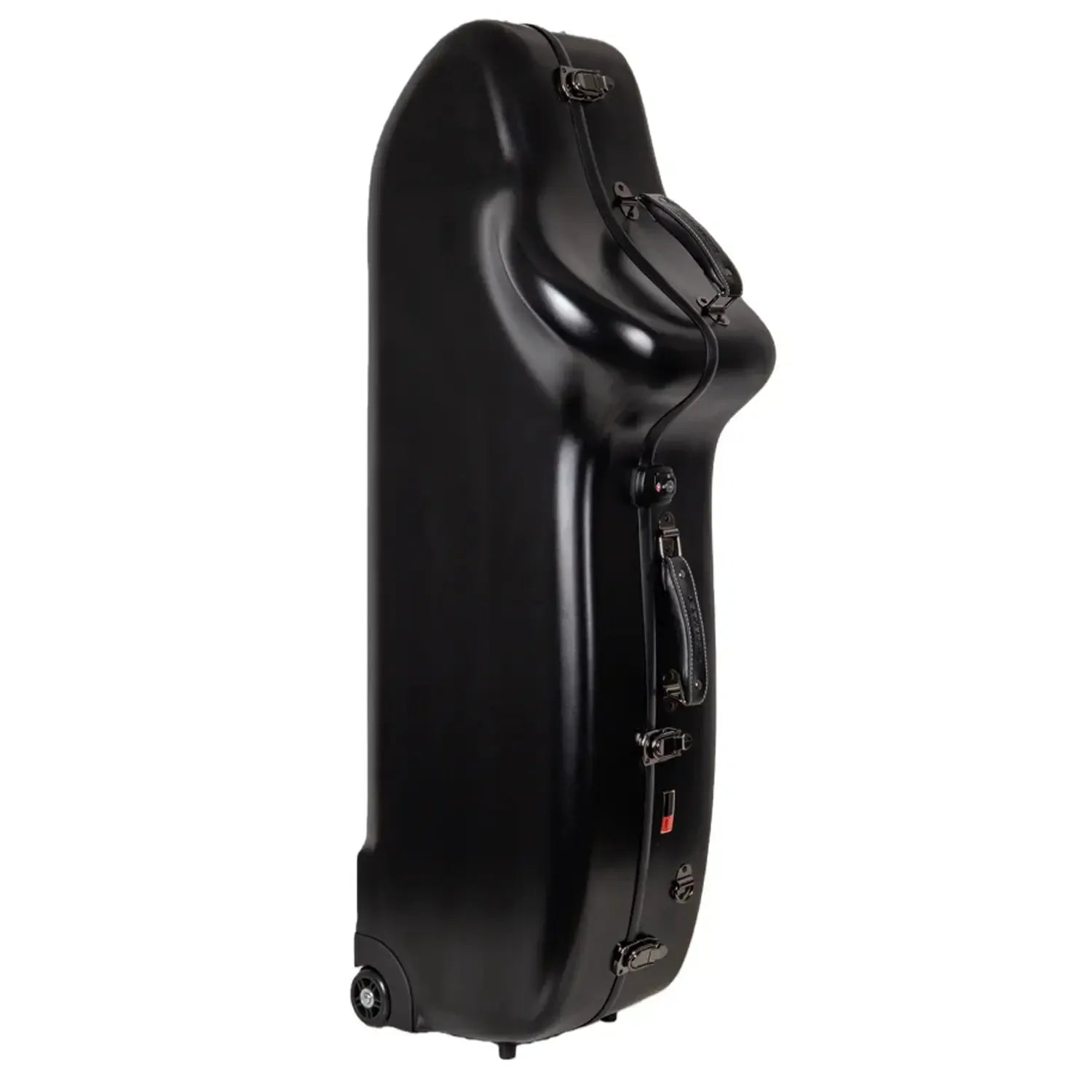 Crossrock CRF4050BS black polycarbonate baritone saxophone case with wheels and handles.