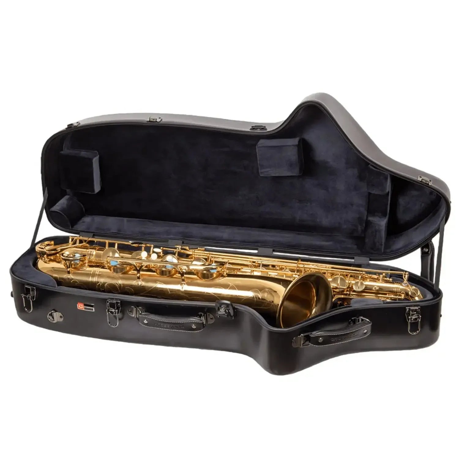 Crossrock CRF4050BS black polycarbonate baritone saxophone case with a gold saxophone inside.