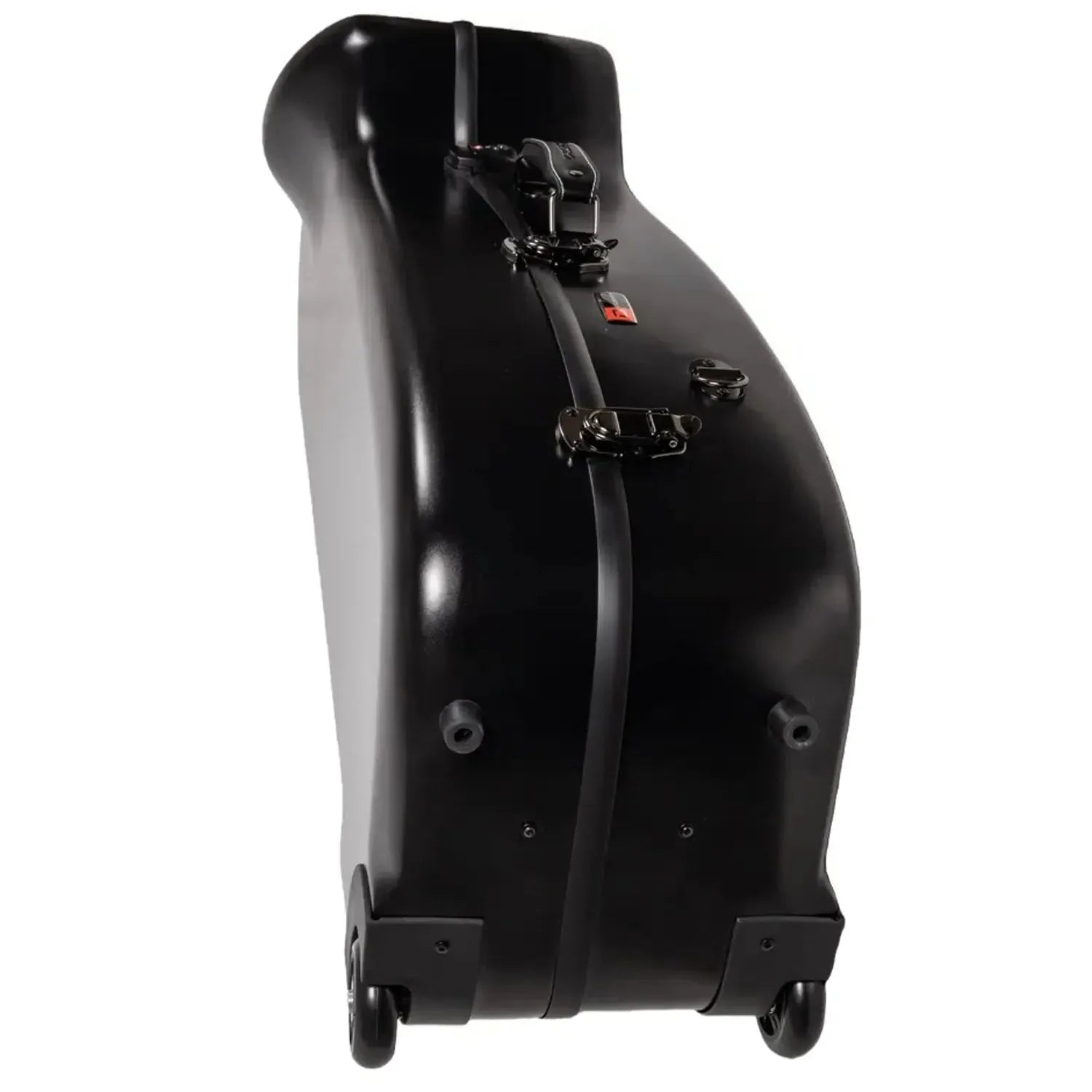 Crossrock CRF4050BS black polycarbonate baritone saxophone case with wheels and latches.