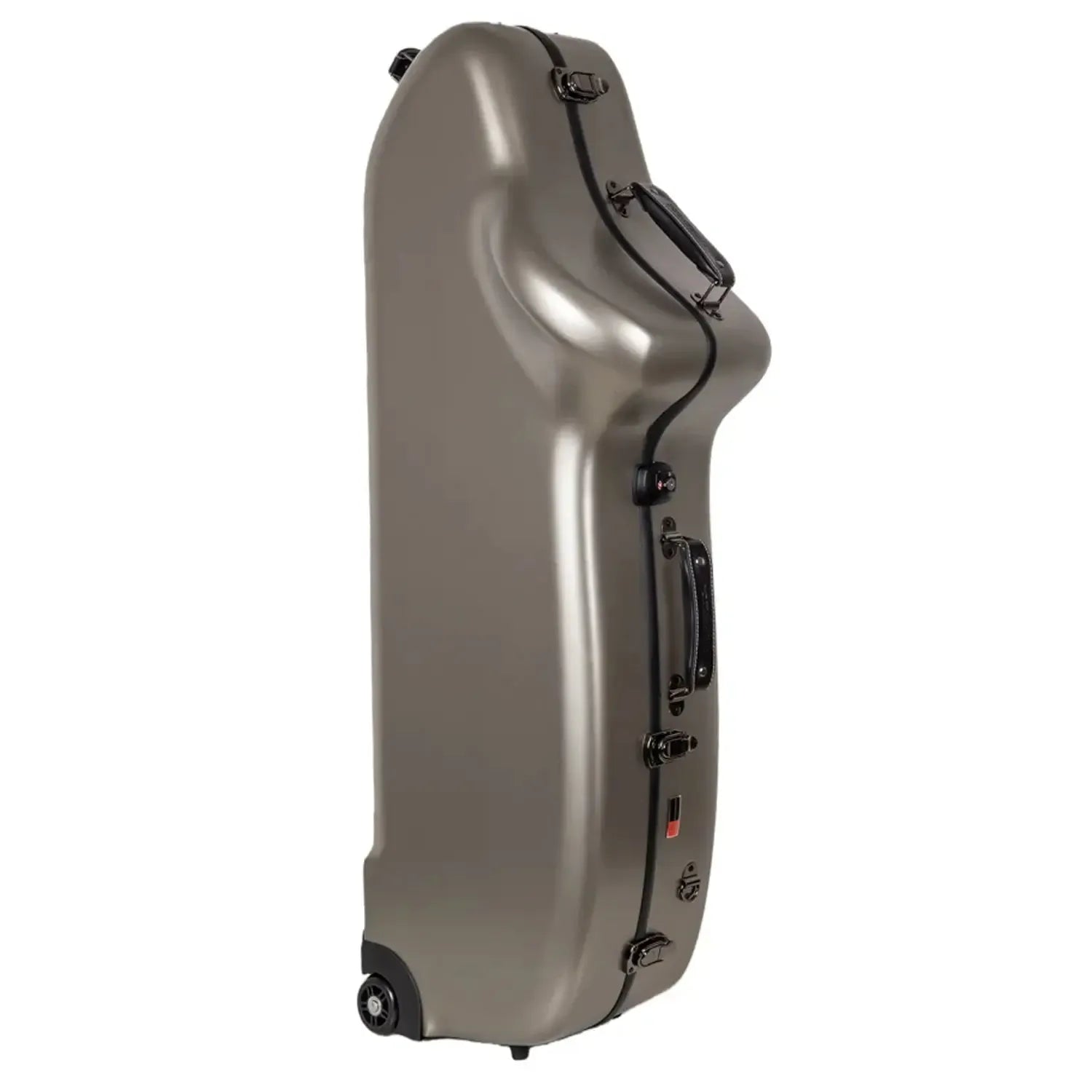 Crossrock CRF4050BS champagne polycarbonate baritone saxophone case with wheels and black handles.