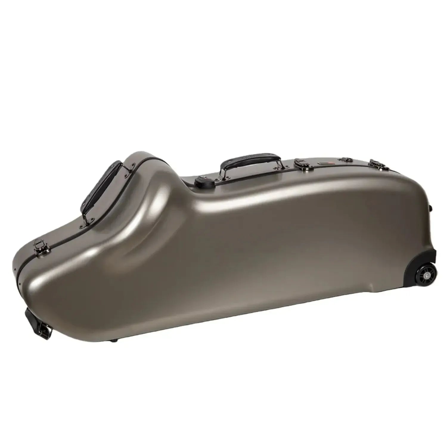 Crossrock CRF4050BS polycarbonate baritone saxophone case in champagne with wheels and handles.