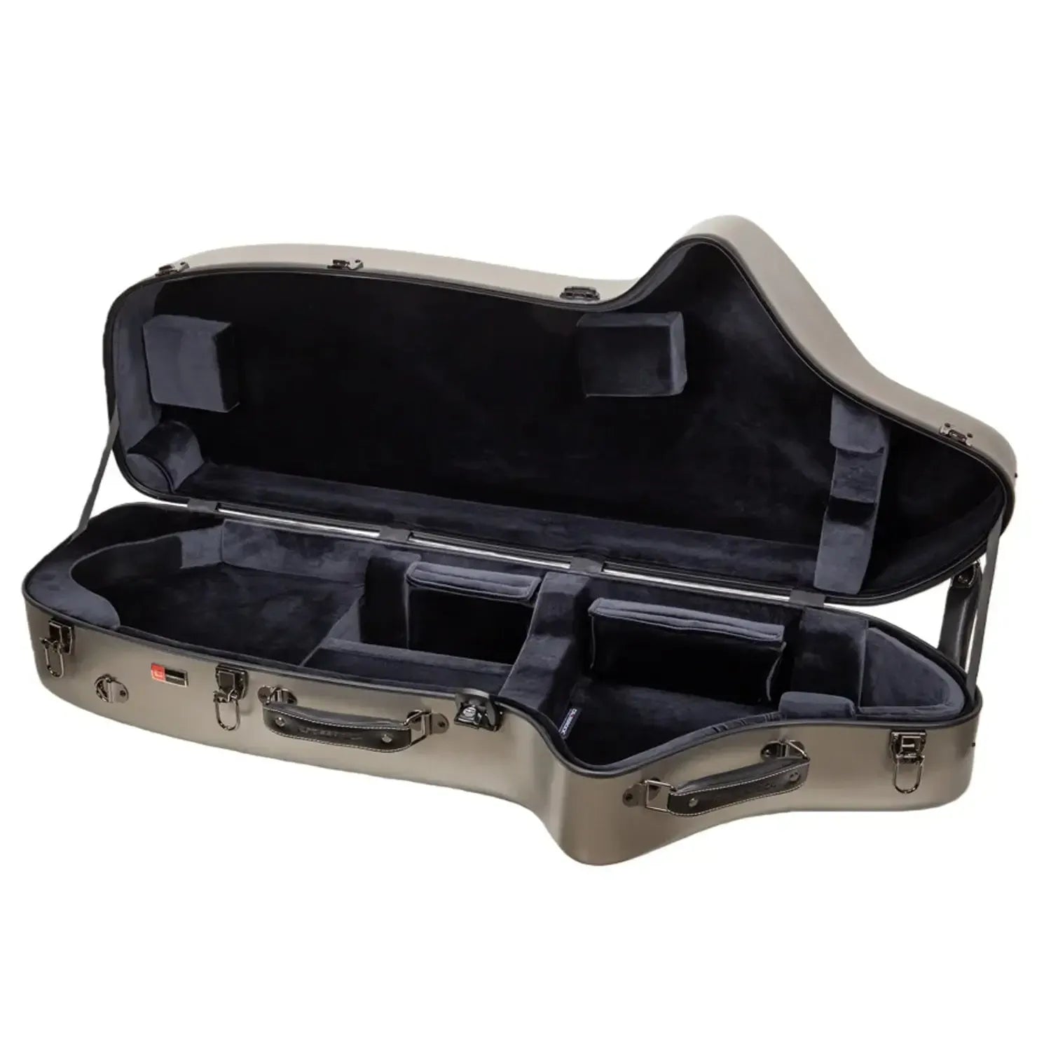 Crossrock CRF4050BS polycarbonate baritone saxophone case in champagne, open with black velvet interior.