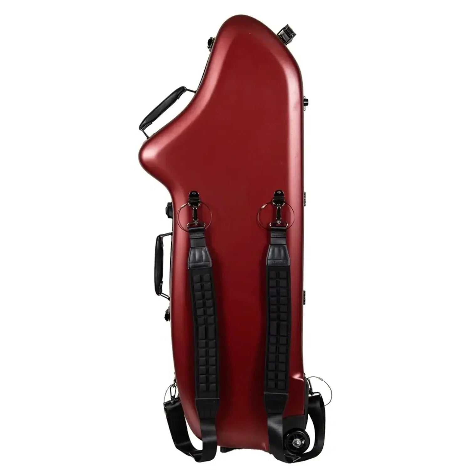 Crossrock CRF4050BS red polycarbonate baritone saxophone case with black handles and wheels.