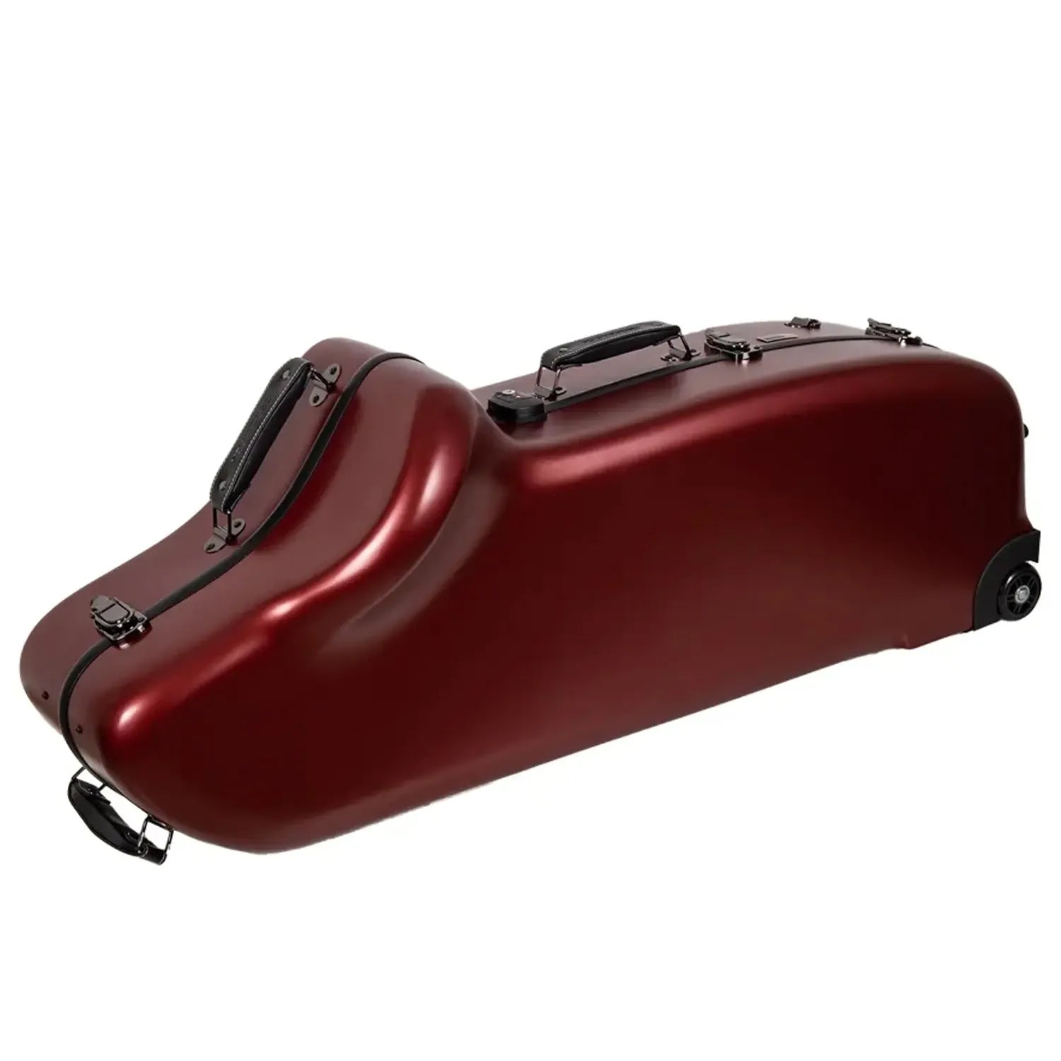 Crossrock CRF4050BS red polycarbonate baritone saxophone case with wheels and black handles.