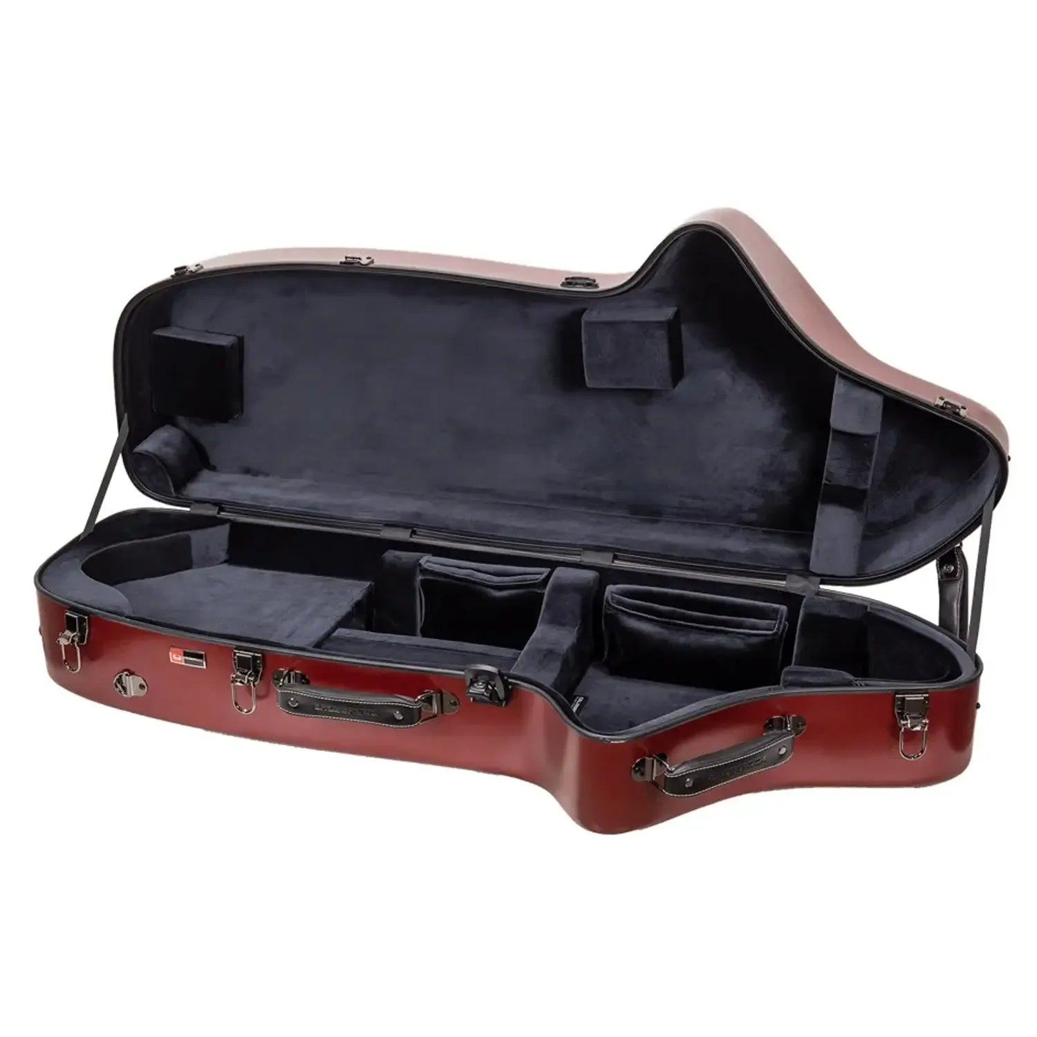 Crossrock CRF4050BS red polycarbonate baritone saxophone case, open with dark gray plush interior.