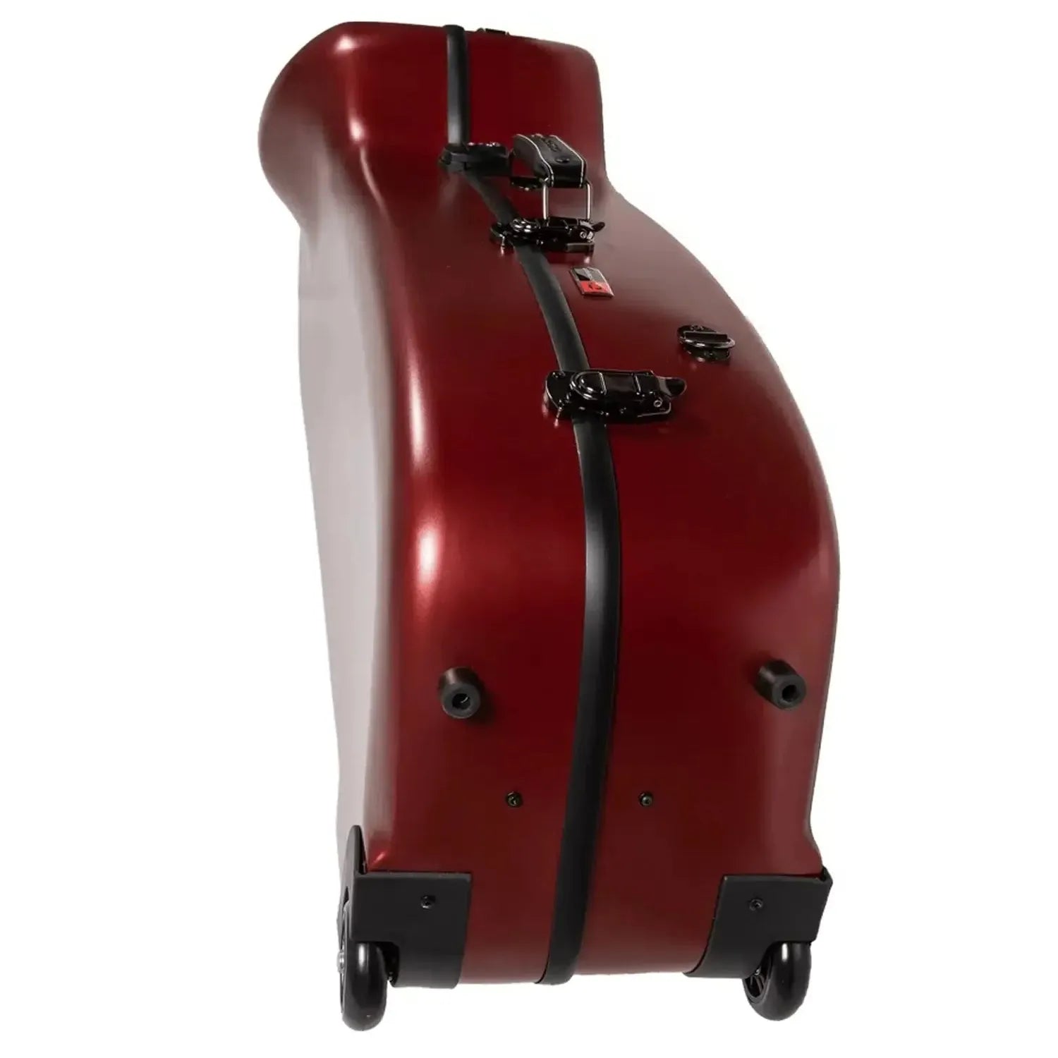 Crossrock CRF4050BS red polycarbonate baritone saxophone case with wheels and black latches.