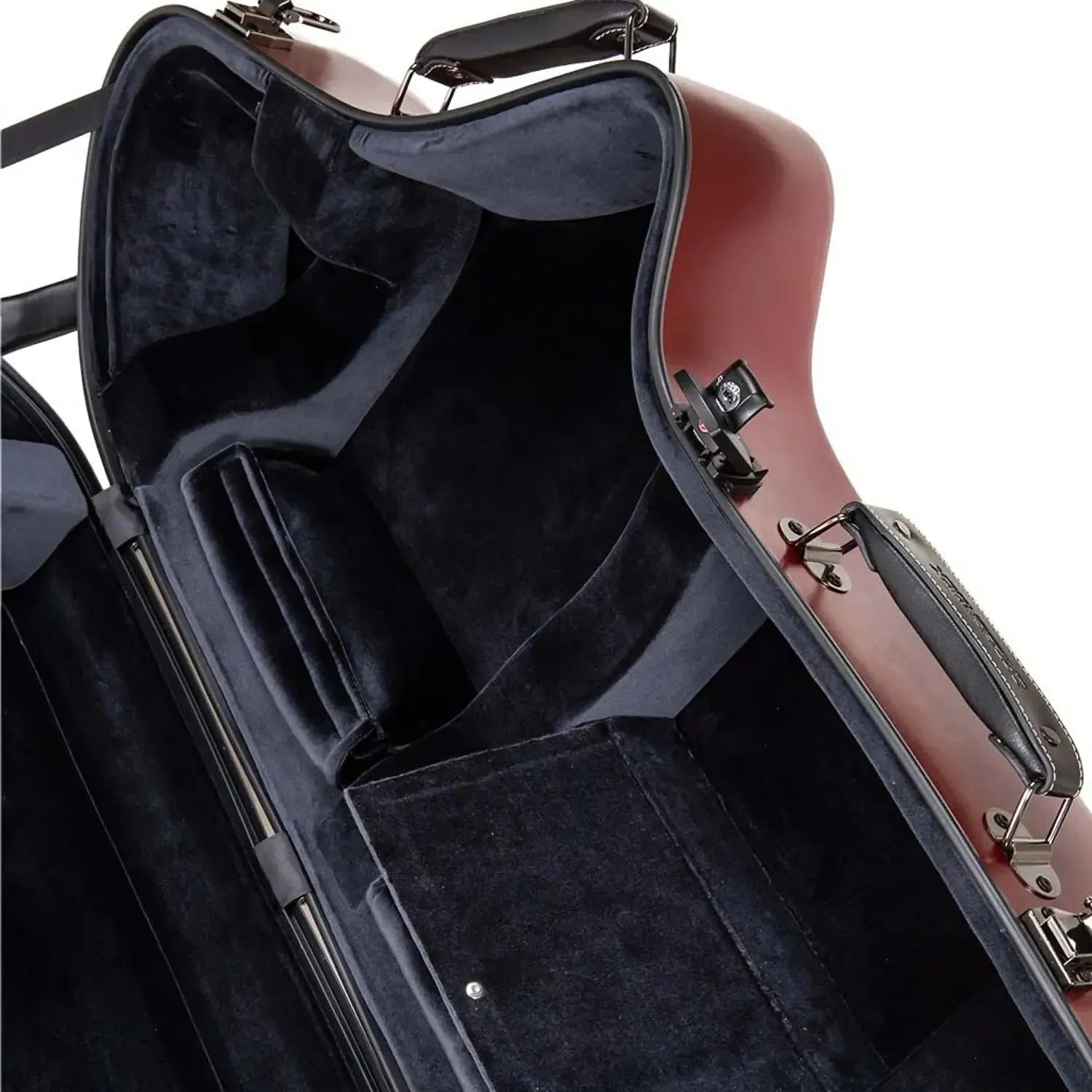 Crossrock CRF4050BS red polycarbonate baritone saxophone case, open with black velvet interior.