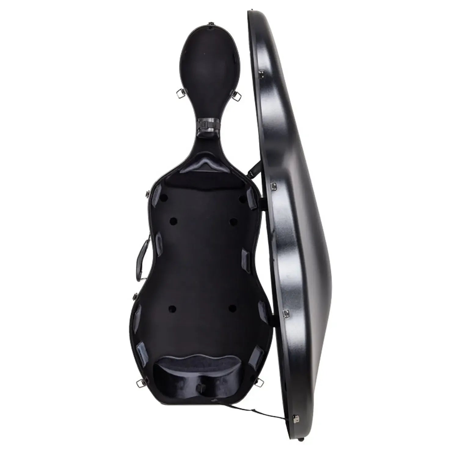 Crossrock CRF4050CEF black polycarbonate 4/4 cello case, open with velvet interior.
